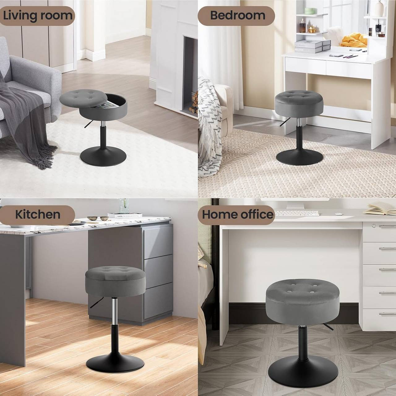 24goodz Velvet Bar Stool with Storage - Adjustable Height - Metal Frame - Dark Grey - dgr