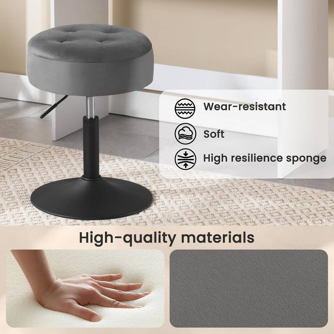 24goodz Velvet Bar Stool with Storage - Adjustable Height - Metal Frame - Dark Grey - dgr