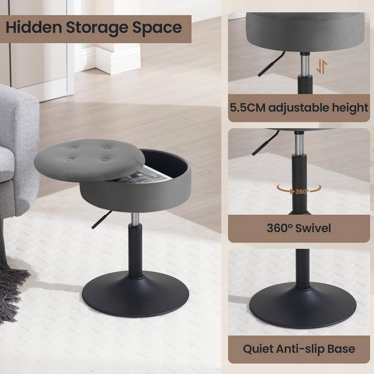 24goodz Velvet Bar Stool with Storage - Adjustable Height - Metal Frame - Dark Grey - dgr