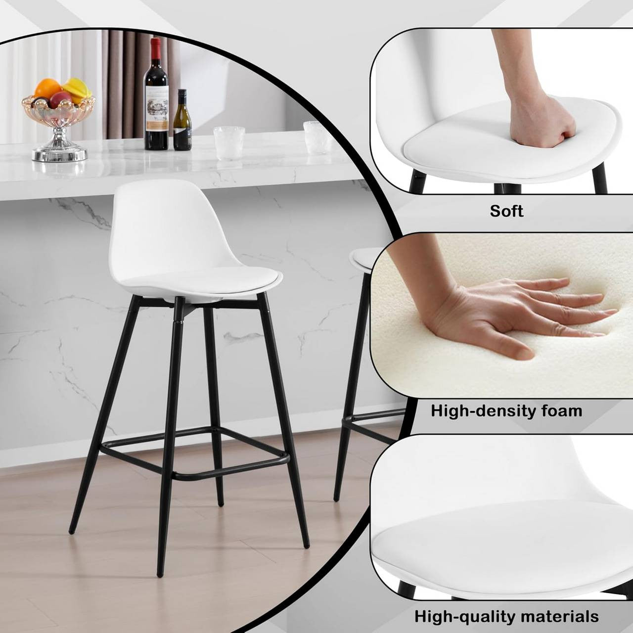 24goodz Stylish Bar Stool - Enhanced Comfort - Improved Stability - PP and Metal - For Home and Kitchen - White