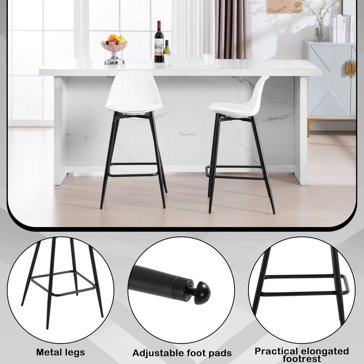 24goodz Stylish Bar Stool - Enhanced Comfort - Improved Stability - PP and Metal - For Home and Kitchen - White