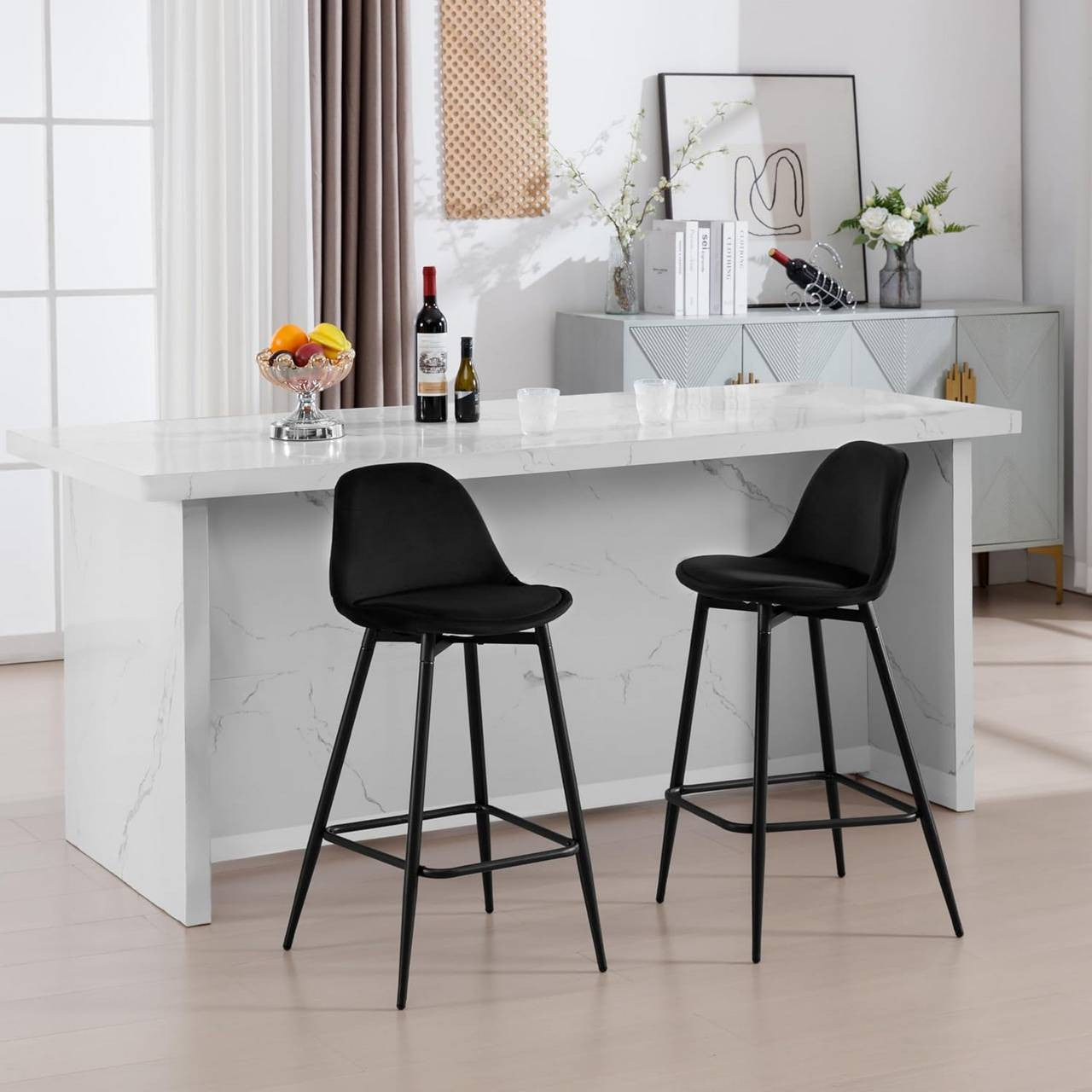24goodz Velvet Bar Stool - Enhanced Comfort - Stylish Design - Velvet & Metal - For Home & Kitchen - Black