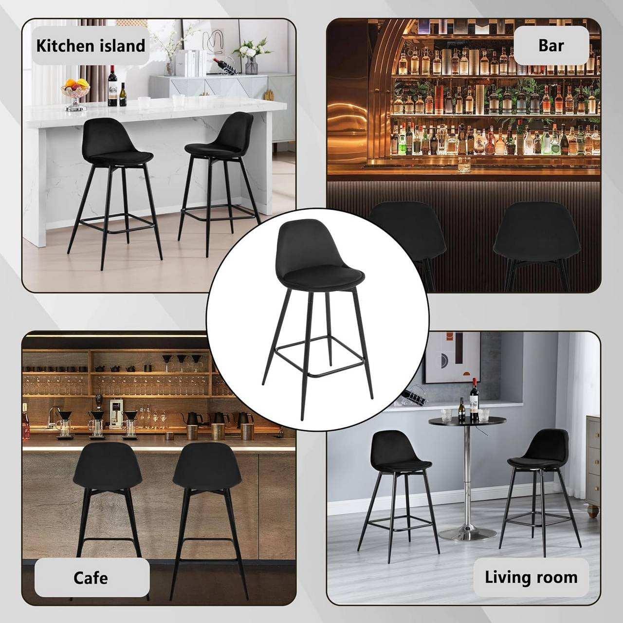 24goodz Velvet Bar Stool - Enhanced Comfort - Stylish Design - Velvet & Metal - For Home & Kitchen - Black