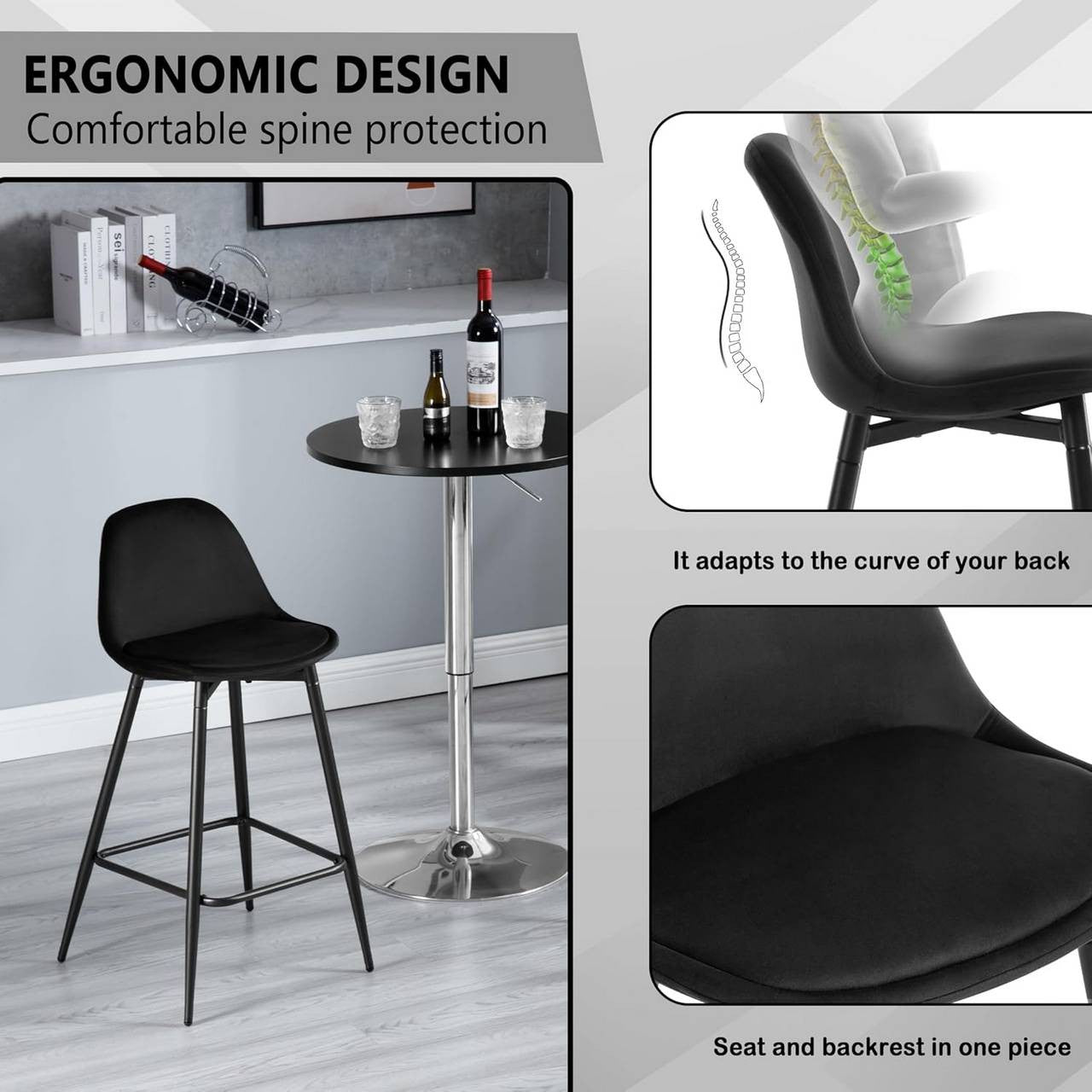 24goodz Velvet Bar Stool - Enhanced Comfort - Stylish Design - Velvet & Metal - For Home & Kitchen - Black