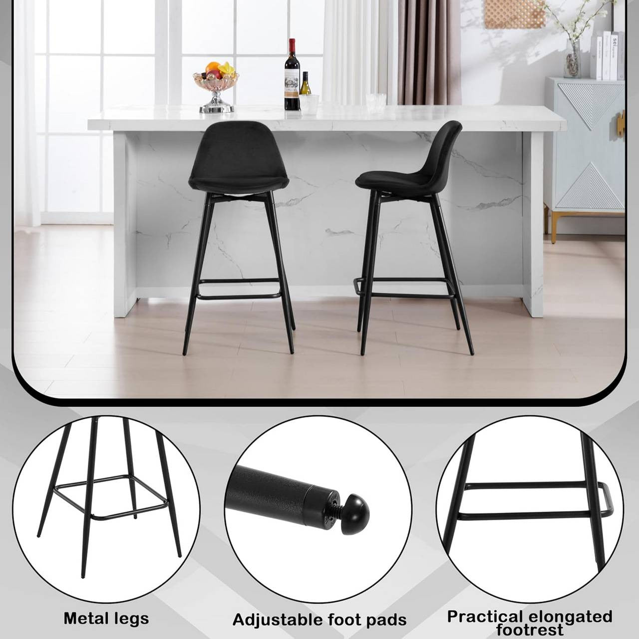 24goodz Velvet Bar Stool - Enhanced Comfort - Stylish Design - Velvet & Metal - For Home & Kitchen - Black