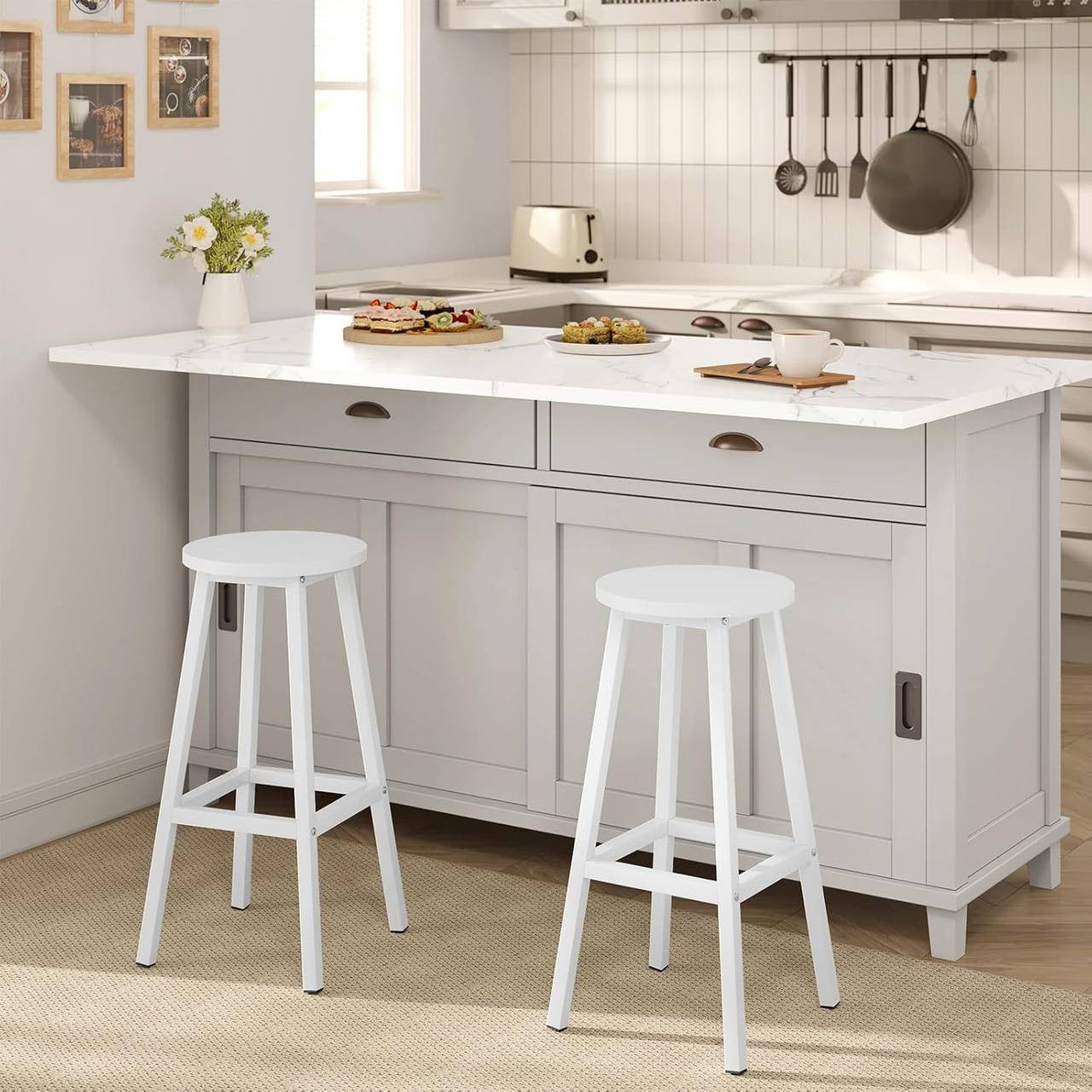 24goodz Round Bar Stool with Metal Frame - Sturdy and Stylish - E1 Wood and Metal - For Home and Dining - White