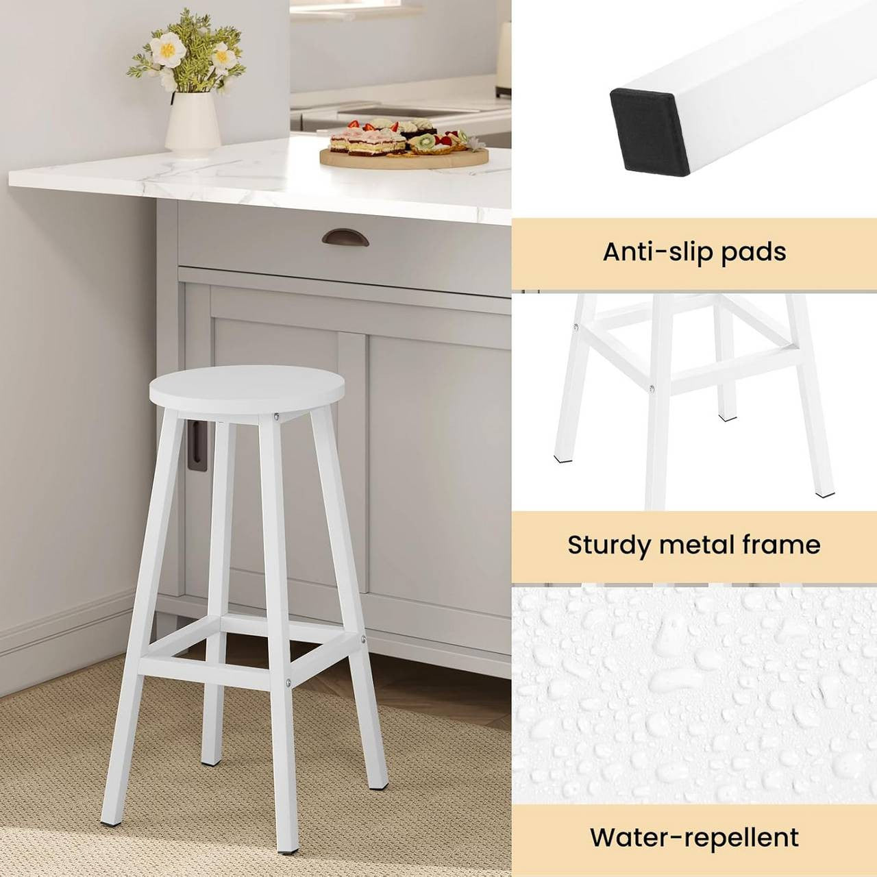24goodz Round Bar Stool with Metal Frame - Sturdy and Stylish - E1 Wood and Metal - For Home and Dining - White