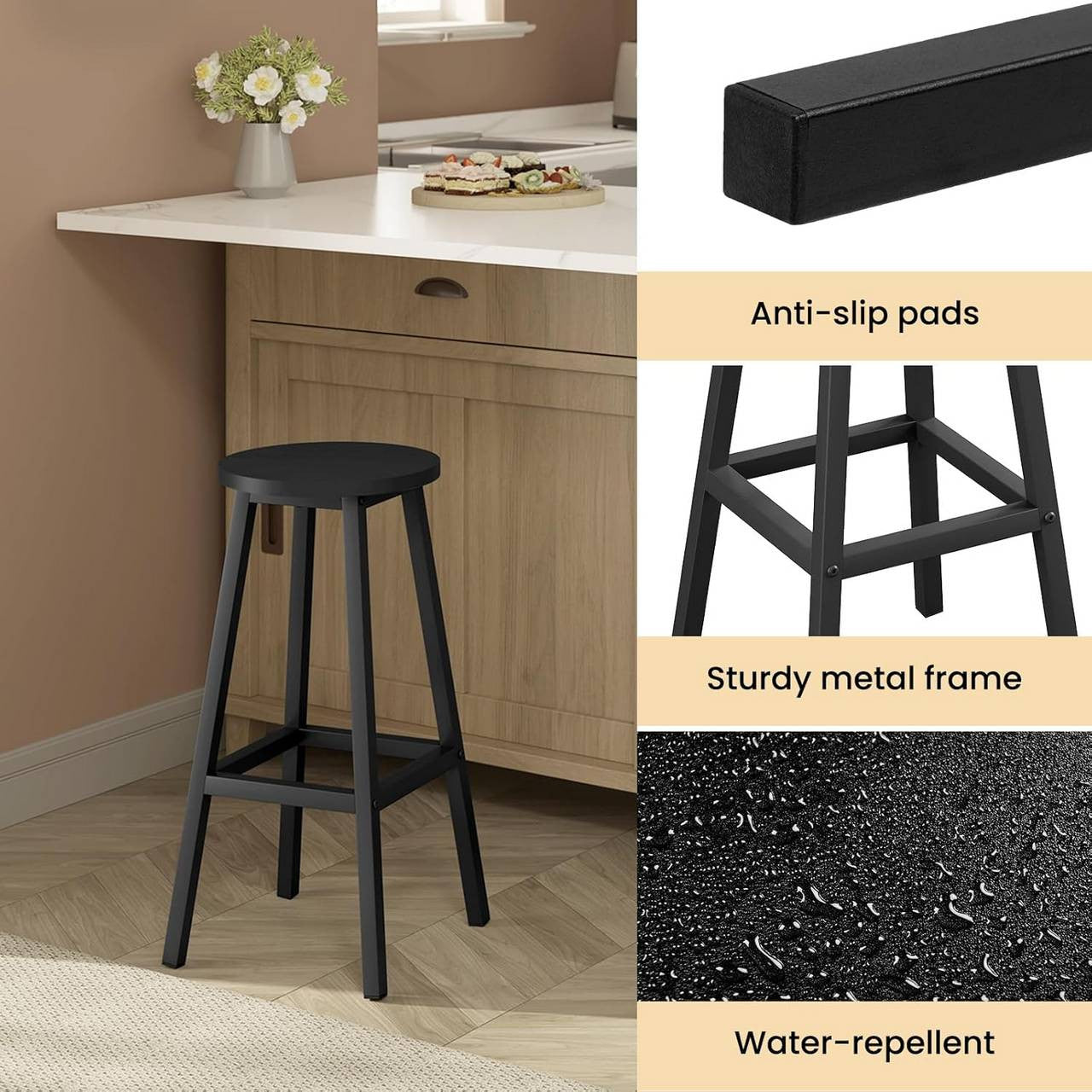 24goodz Round Bar Stool with Metal Frame - Sturdy and Stylish - E1 Wood and Metal - For Home and Dining - Black