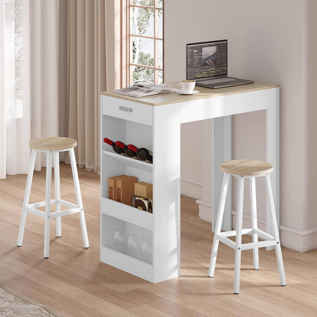 24goodz Round Bar Stool with Metal Frame - Durable and Stylish - E1 Wood and Metal - For Home and Bar Use - Light Oak