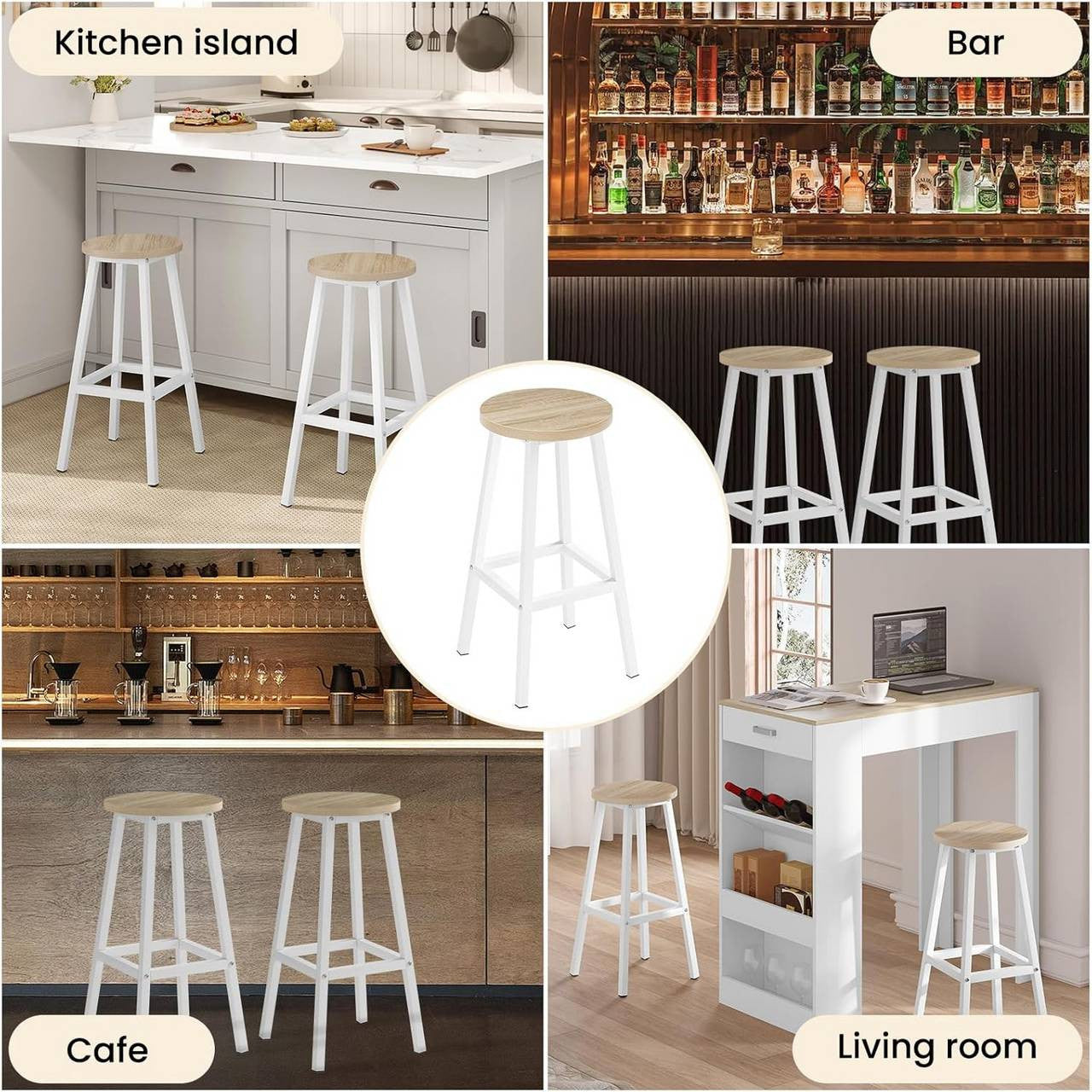 24goodz Round Bar Stool with Metal Frame - Robust and Stylish - E1 Wood and Metal - For Home and Dining - Light Oak