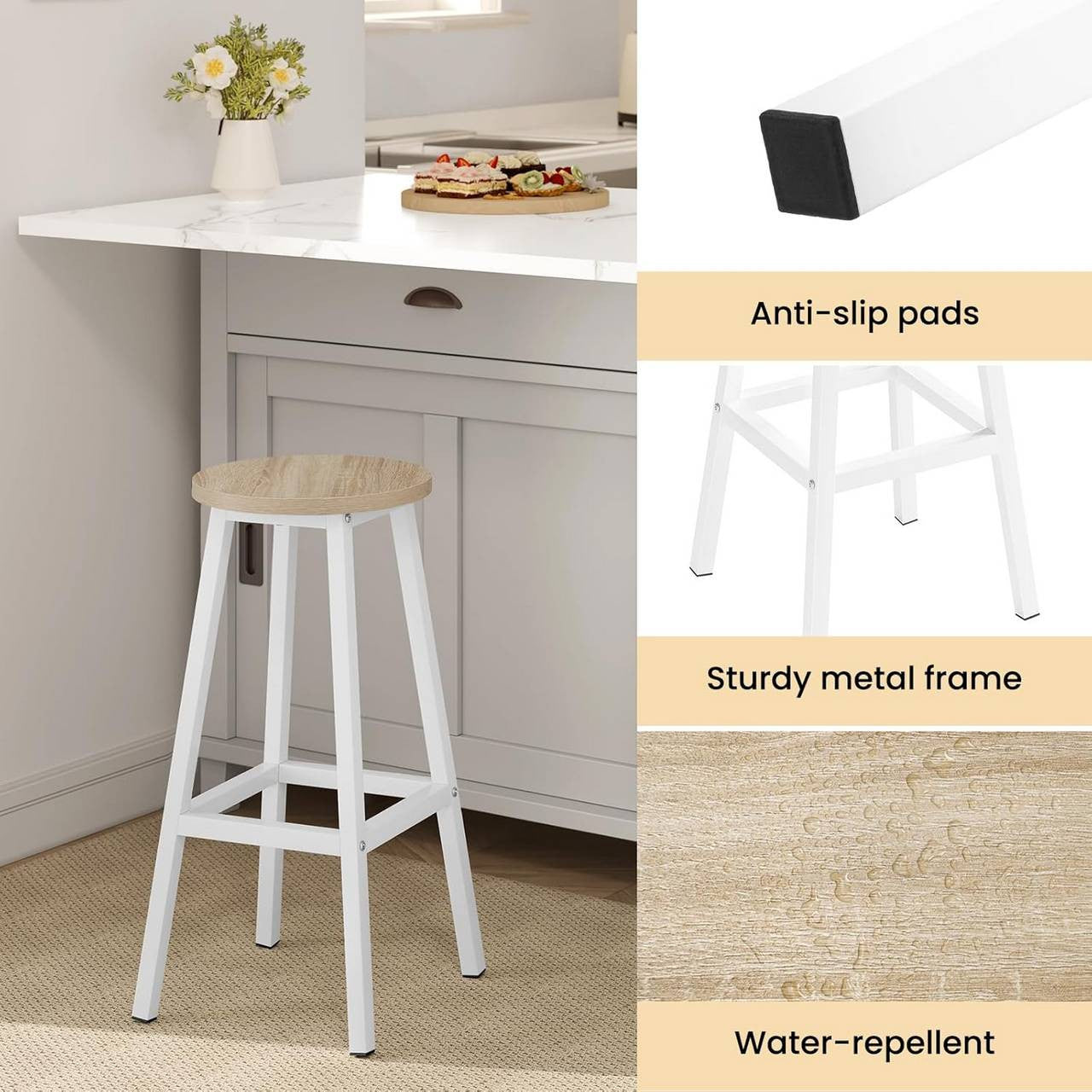 24goodz Round Bar Stool with Metal Frame - Robust and Stylish - E1 Wood and Metal - For Home and Dining - Light Oak