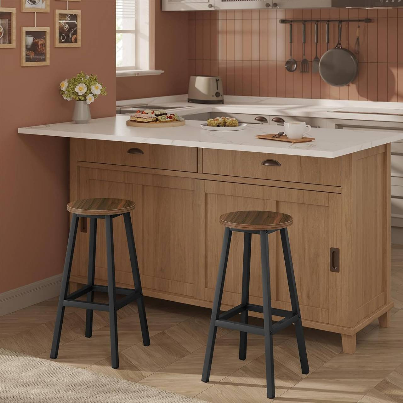 24goodz Round Bar Stool with Metal Frame - Sturdy and Stylish - E1 Wood and Metal - For Kitchen Islands and Dining Areas - Dark Oak