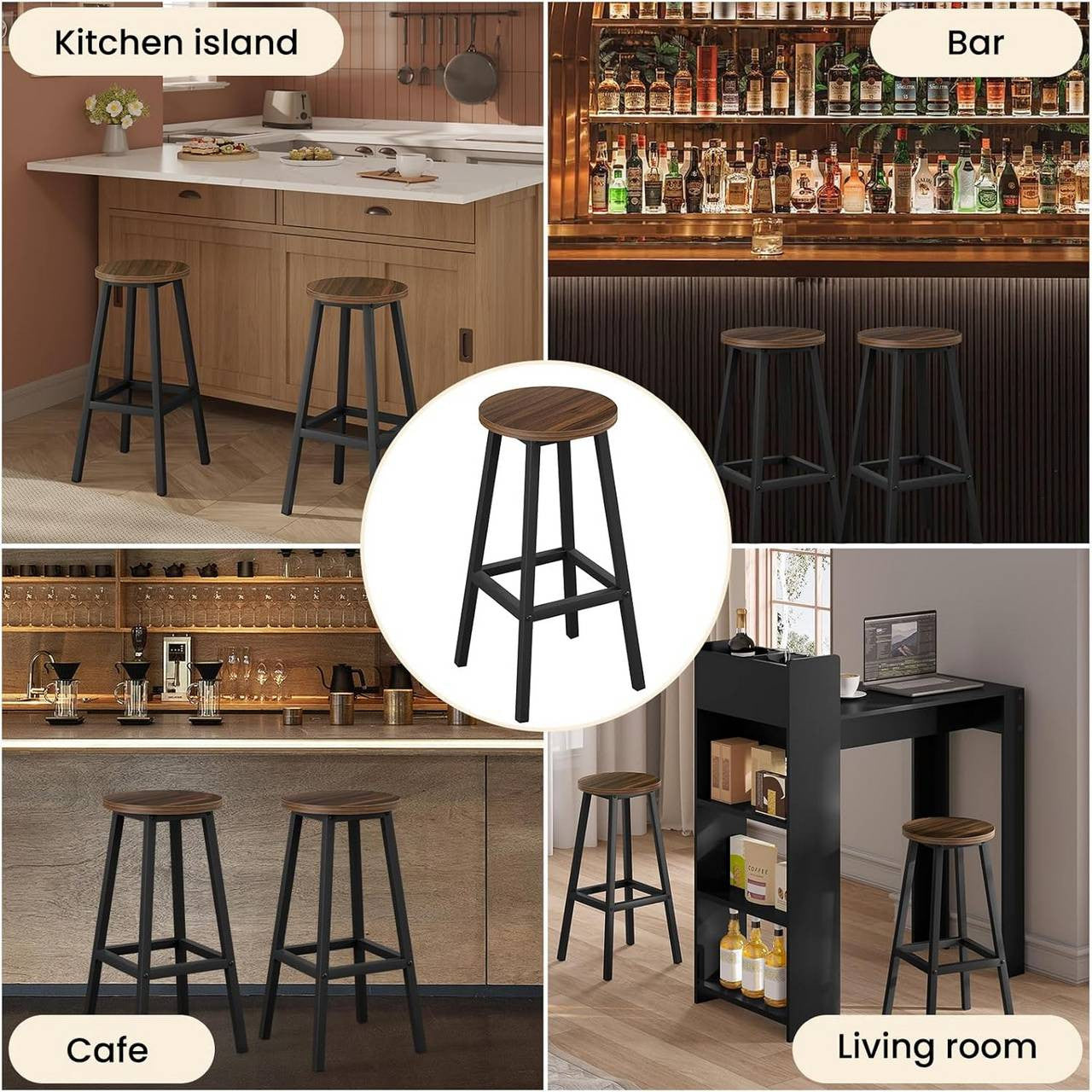 24goodz Round Bar Stool with Metal Frame - Sturdy and Stylish - E1 Wood and Metal - For Home and Kitchen - Dark Oak