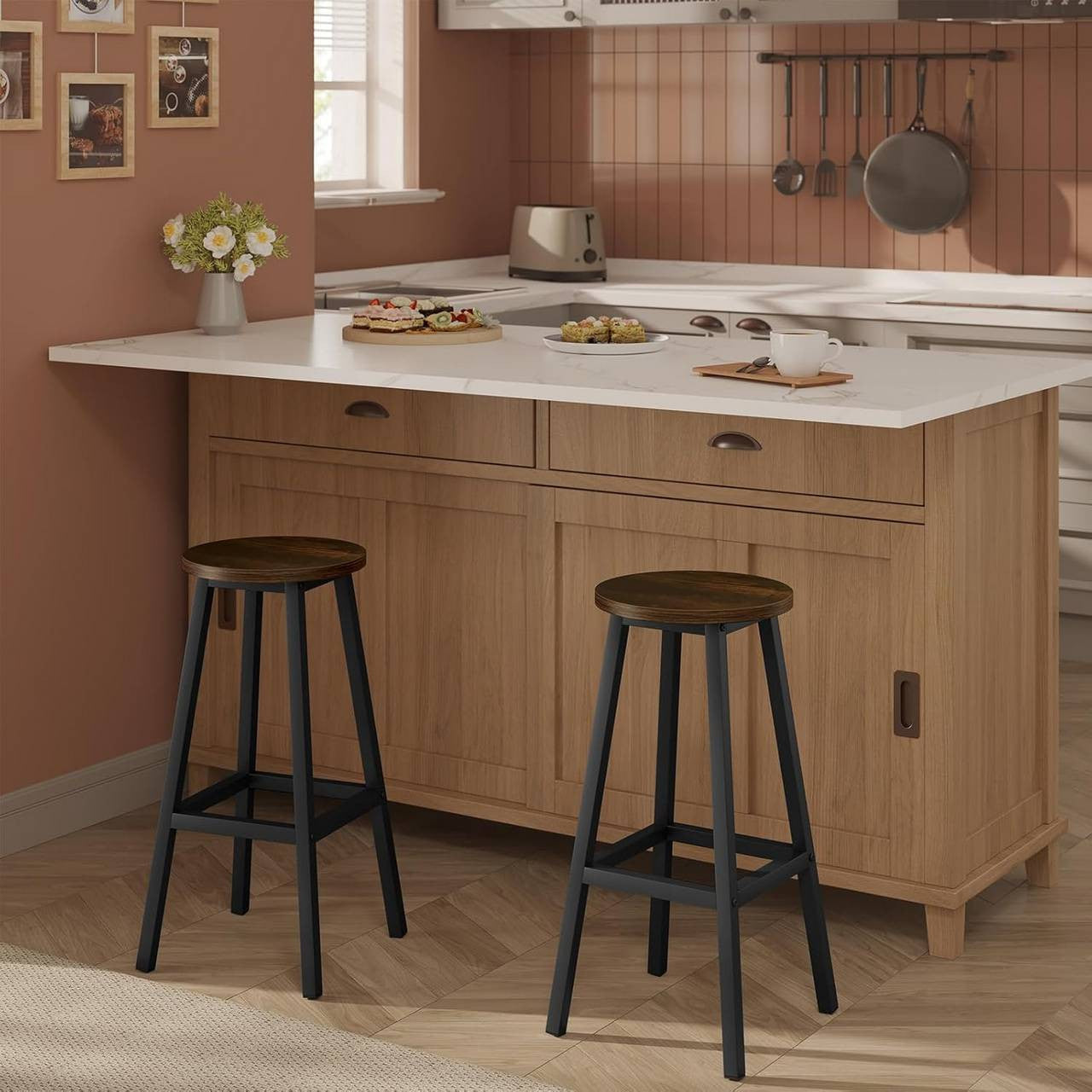 24goodz Round Bar Stool with Metal Frame - Sturdy and Stylish - E1 Wood and Metal - For Home and Dining - Vintage Brown