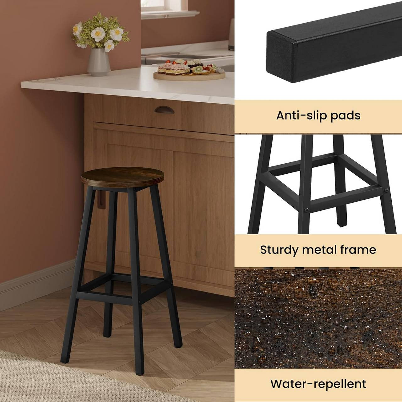 24goodz Vintage Brown Bar Stool - Stylish and Durable Design - E1 Wood and Metal - For Home and Commercial Use - 30.5 x 64.5 x 30.5 cm