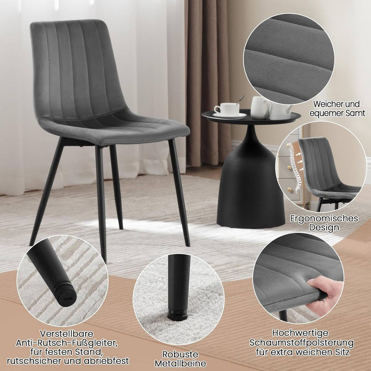 24goodz Velvet Dining Chairs Set of 4 - Comfortable & Robust - Ergonomic Design - Velvet & Metal - Dark Grey
