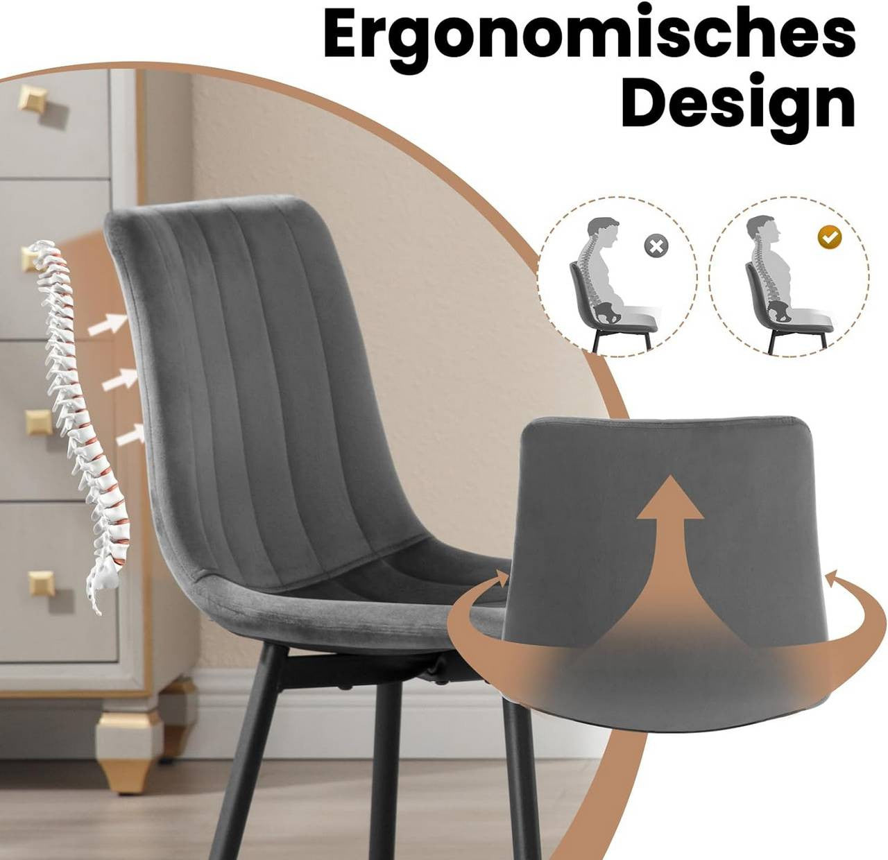 24goodz Velvet Dining Chairs Set of 4 - Comfortable & Robust - Ergonomic Design - Velvet & Metal - Dark Grey