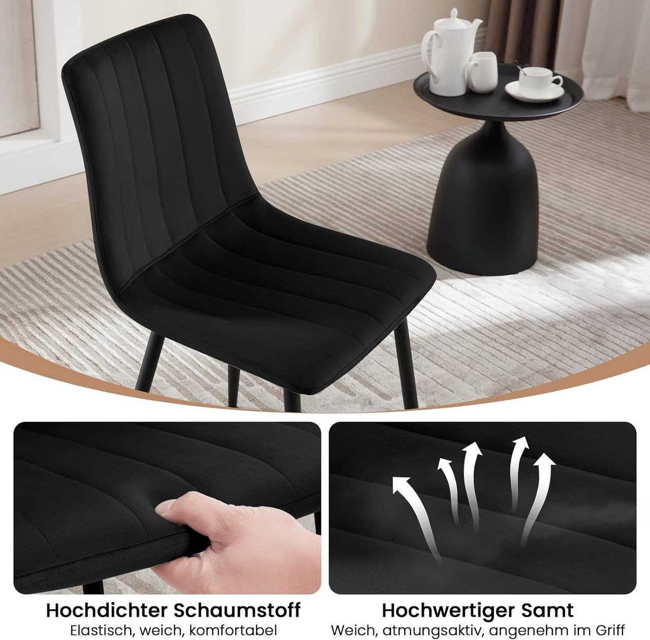 24goodz Velvet Dining Chairs Set of 4 - Comfortable & Robust - Ergonomic Design - Velvet & Metal - Dark Grey - 44 x 80.5 x 50.5 cm