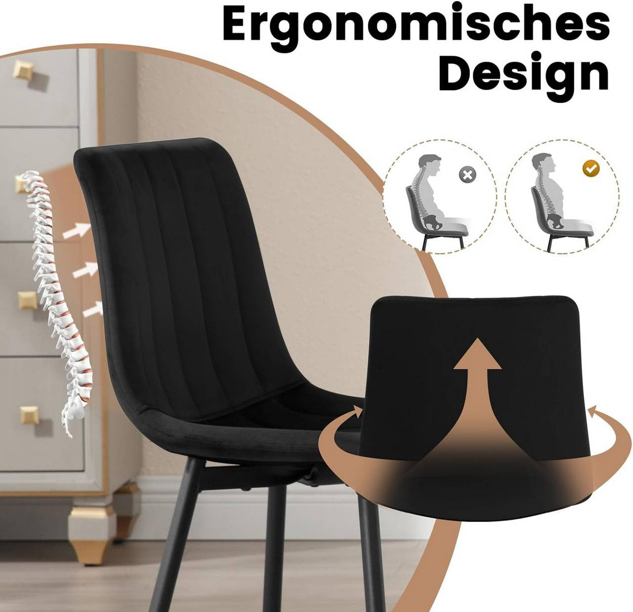24goodz Velvet Dining Chairs Set of 4 - Comfortable & Robust - Ergonomic Design - Velvet & Metal - Dark Grey - 44 x 80.5 x 50.5 cm