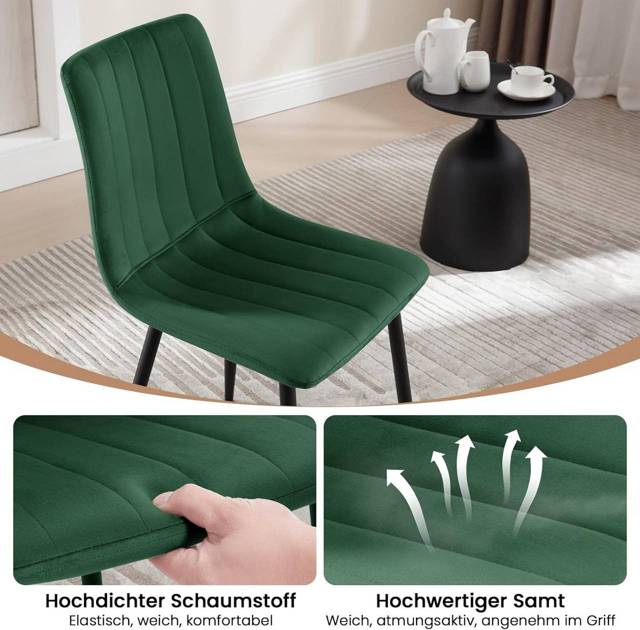 24goodz Velvet Dining Chairs Set of 4 - Comfortable & Robust - Ergonomic Design - Velvet + Metal - Dark Green