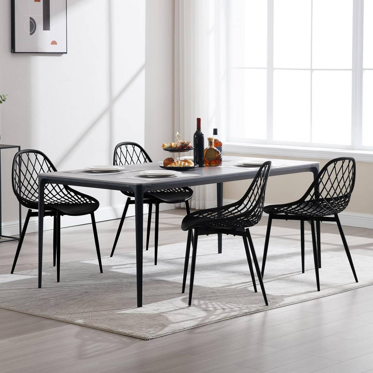 24goodz Set of 4 Dining Chairs - Sturdy & Stable Design - Ergonomic Hollow Backrest - PP + Metal - Black