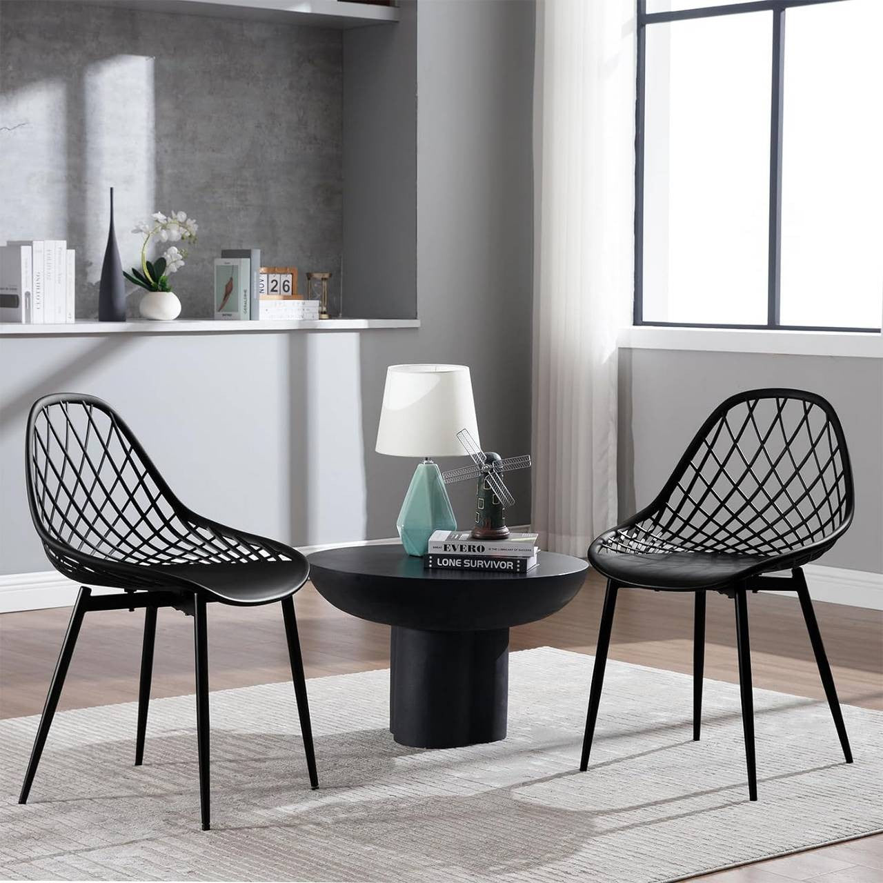 24goodz Set of 4 Dining Chairs - Sturdy & Stable Design - Ergonomic Hollow Backrest - PP + Metal - Black
