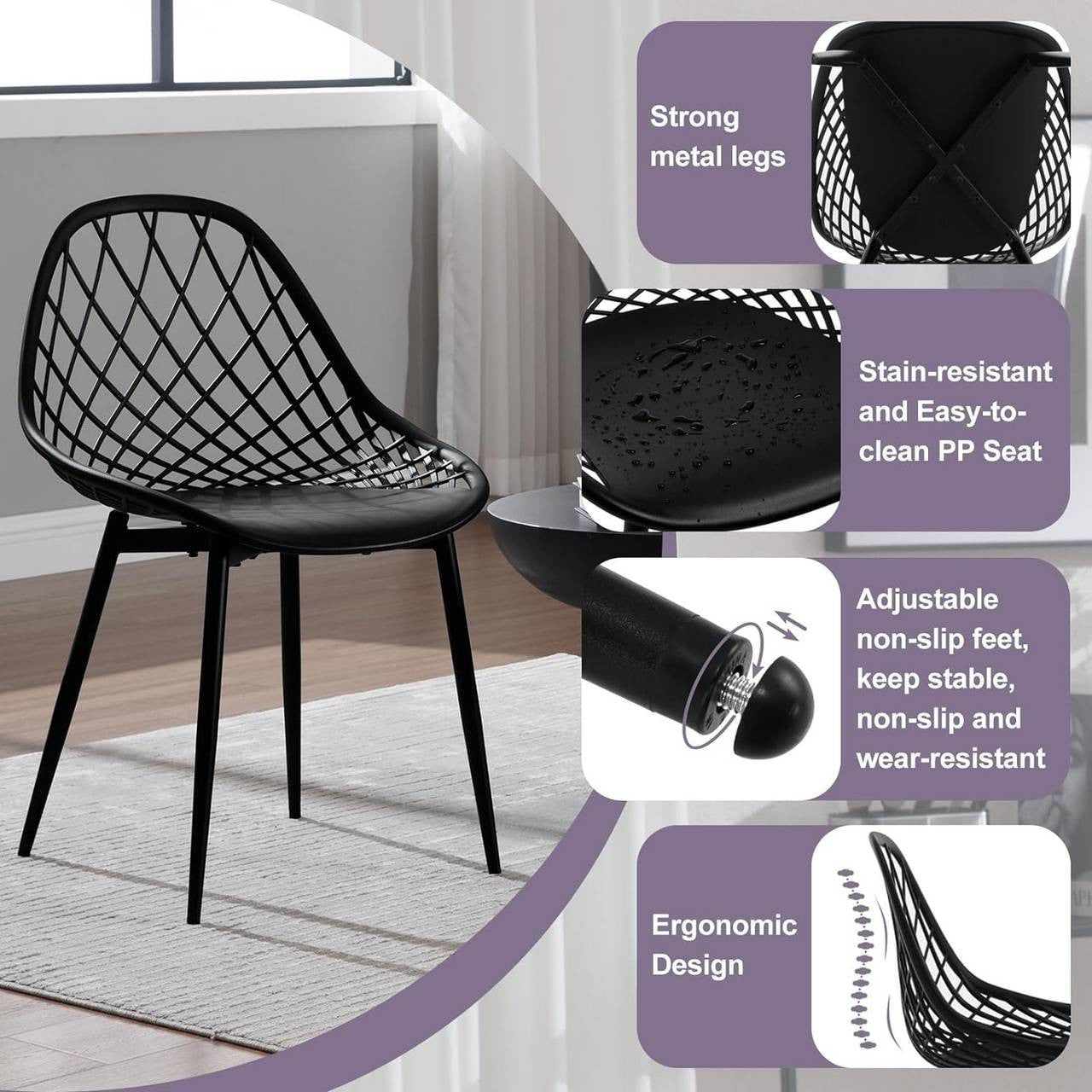 24goodz Set of 4 Dining Chairs - Sturdy & Stable Design - Ergonomic Hollow Backrest - PP + Metal - Black