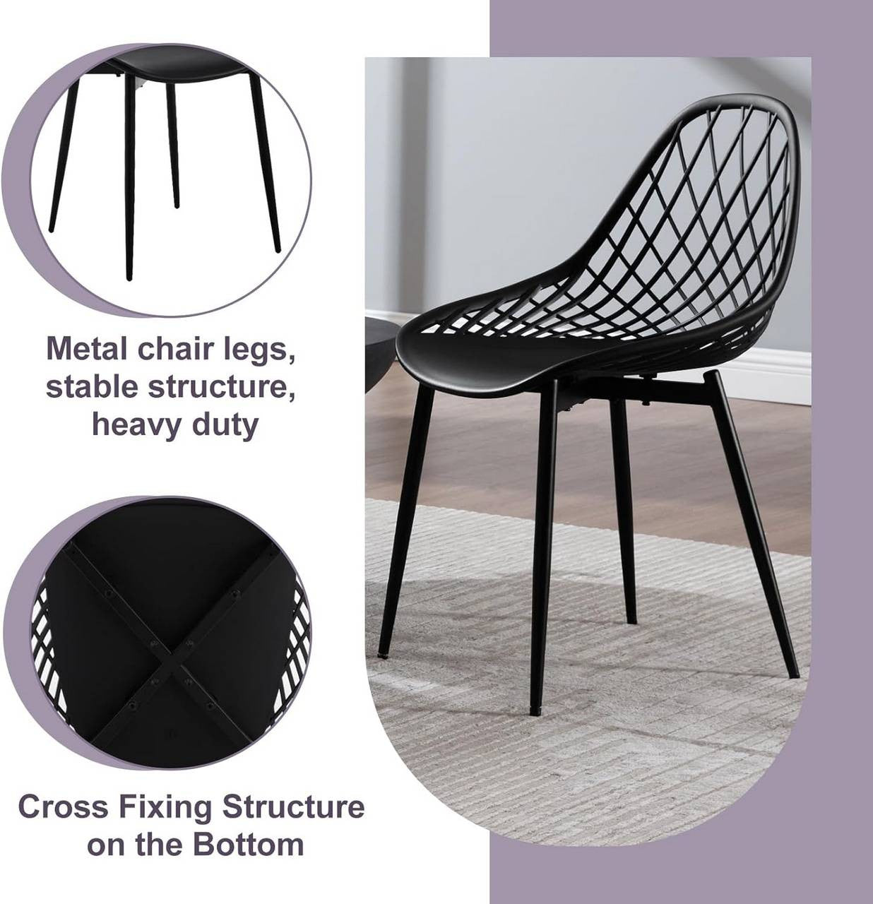 24goodz Set of 4 Dining Chairs - Sturdy & Stable Design - Ergonomic Hollow Backrest - PP + Metal - Black