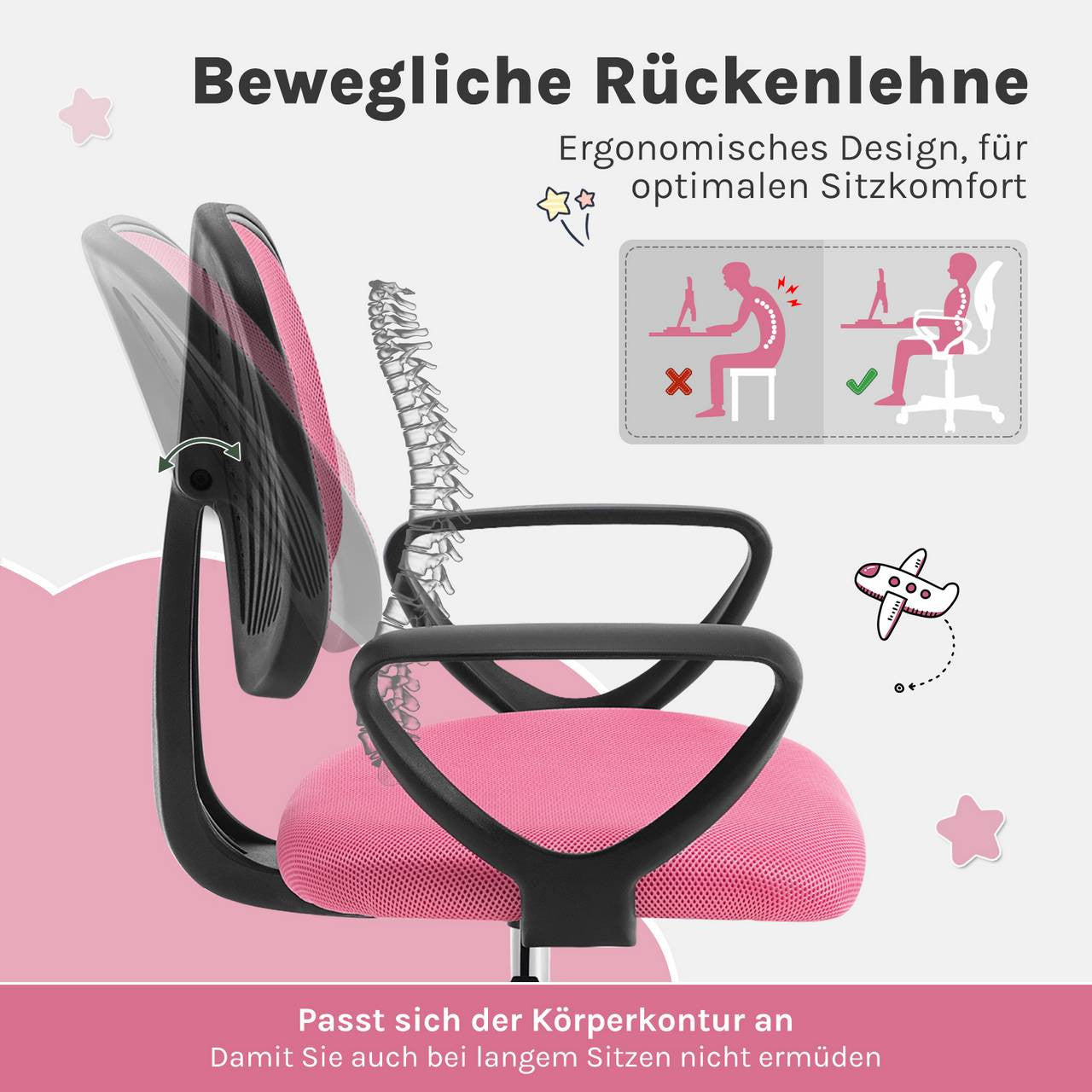 24goodz Ergonomic Kids Office Chair - Breathable Mesh Design - Adjustable Height 41-53 cm - For Children and Teens - Pink