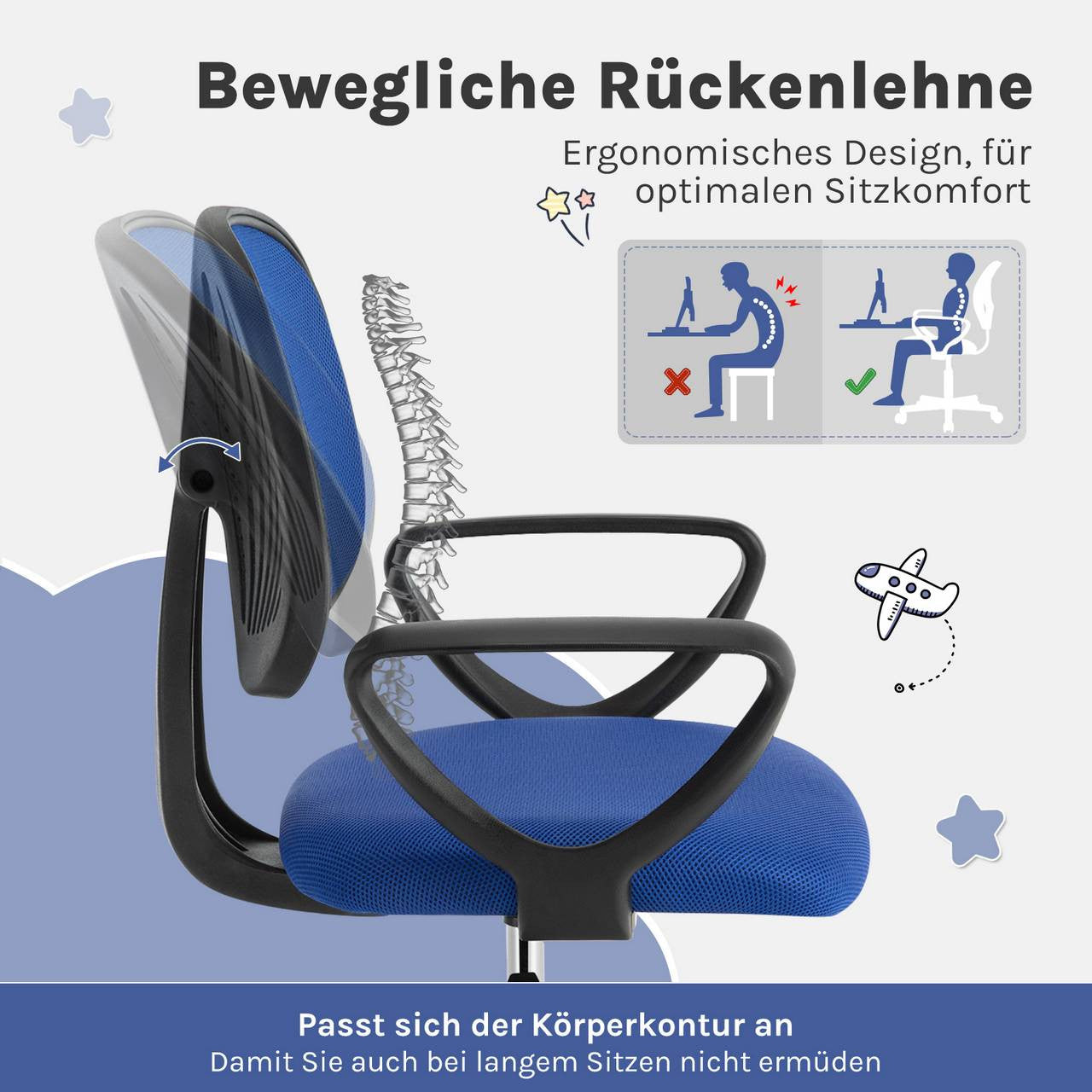 24goodz Ergonomic Kids Office Chair - Breathable Mesh Fabric - Adjustable Height - For Children and Teens - Blue
