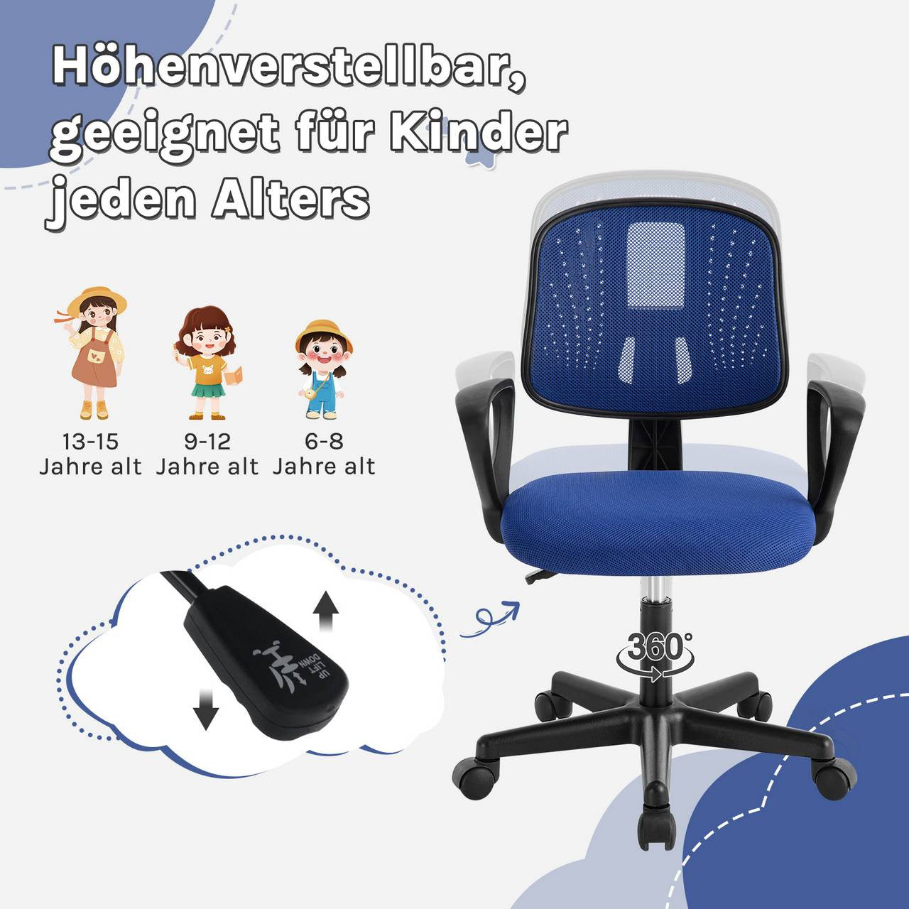 24goodz Ergonomic Kids Office Chair - Breathable Mesh Fabric - Adjustable Height - For Children and Teens - Blue