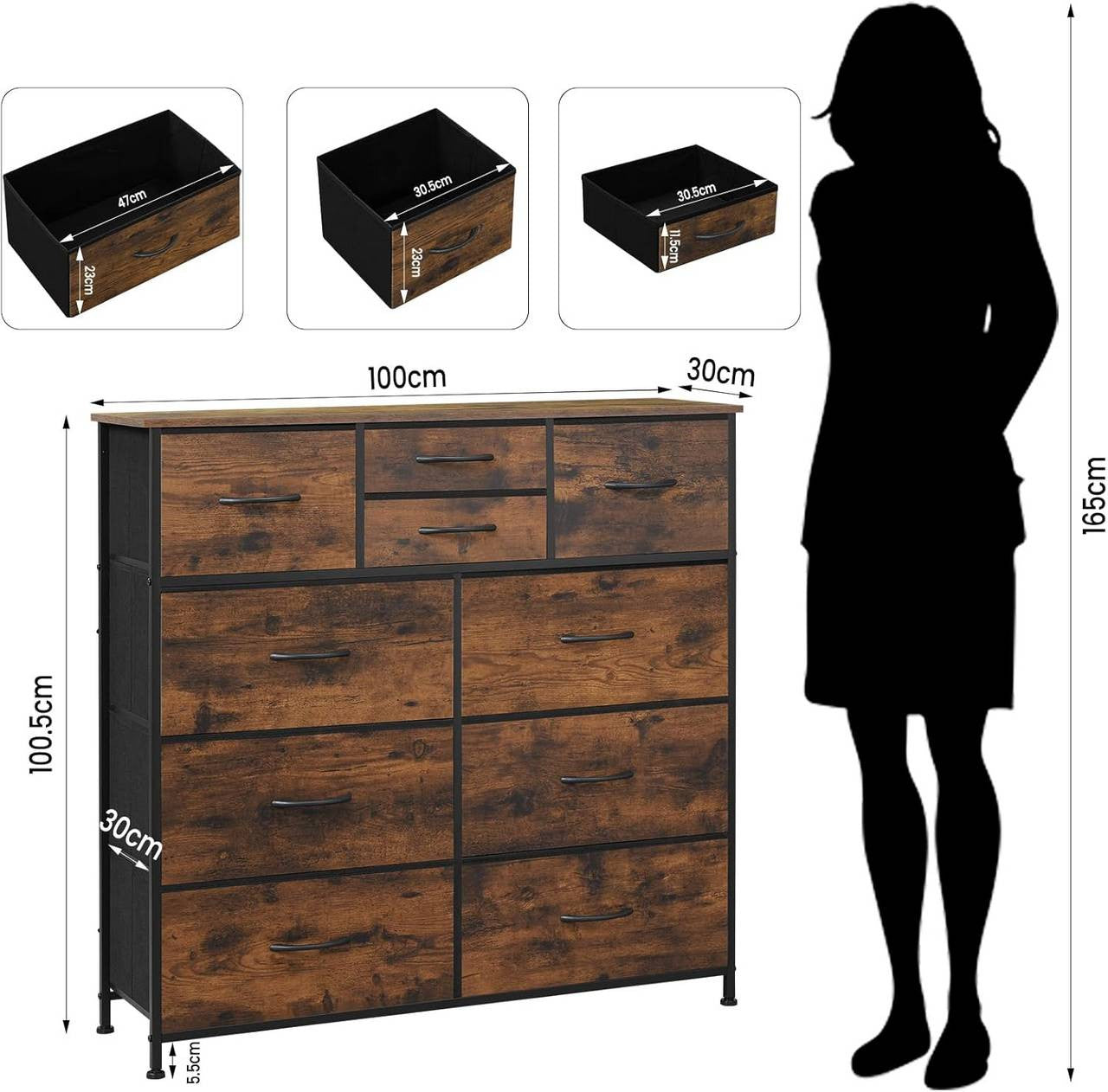 24goodz Vintage Brown Fabric Drawer Cabinet - Ideal Storage Solution - Sturdy Construction - E1 Wood Material - For Home - 100 x 100.5 x 30 cm