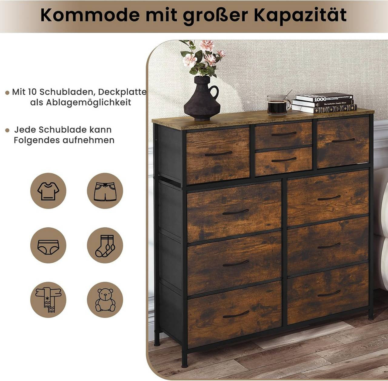 24goodz Vintage Brown Fabric Drawer Cabinet - Ideal Storage Solution - Sturdy Construction - E1 Wood Material - For Home - 100 x 100.5 x 30 cm