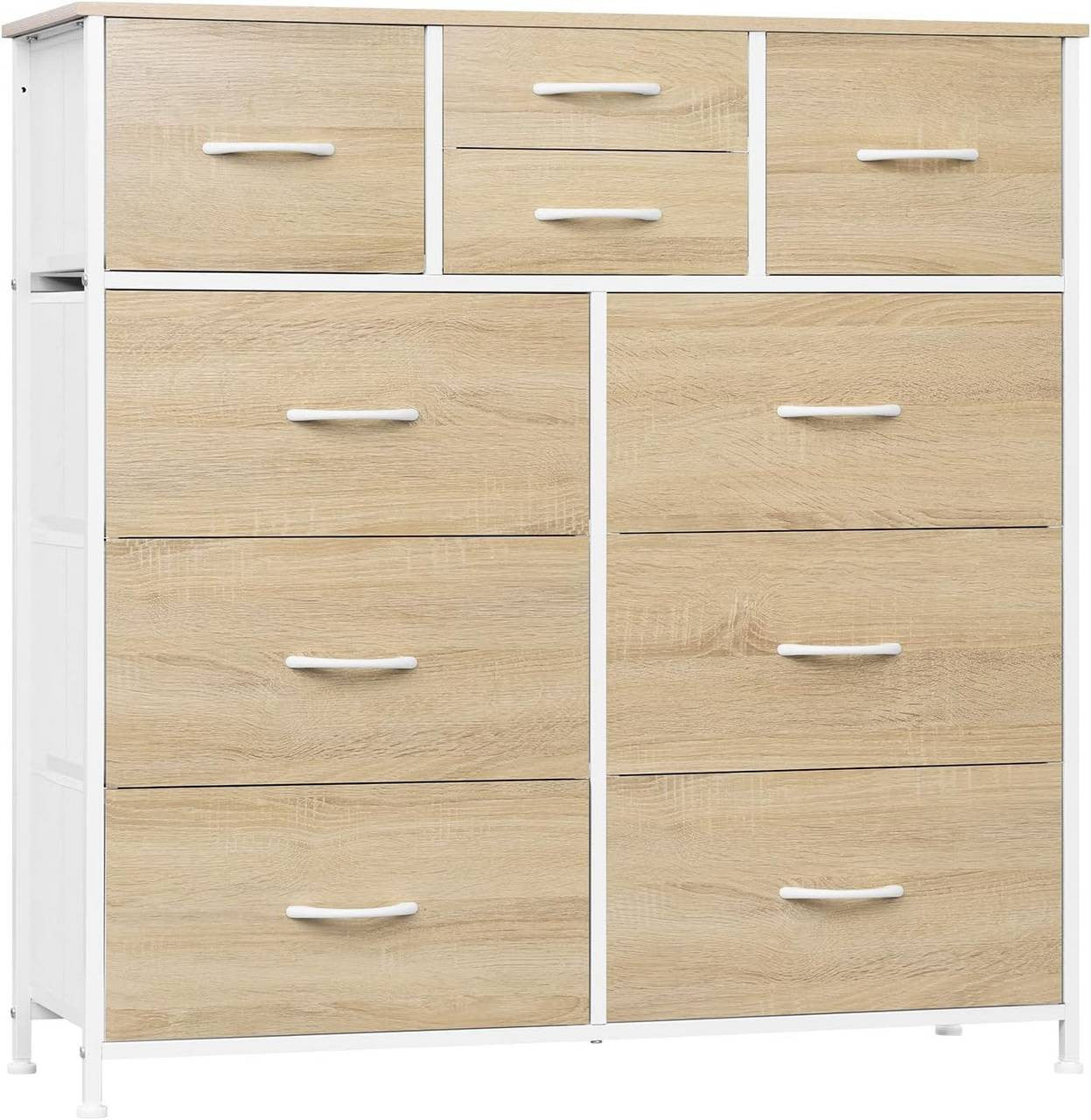 24goodz Vintage Drawer Cabinet with 10 Fabric Drawers - Sturdy Metal Frame - E1 Wood Material - For Home Organization - Light Oak + White