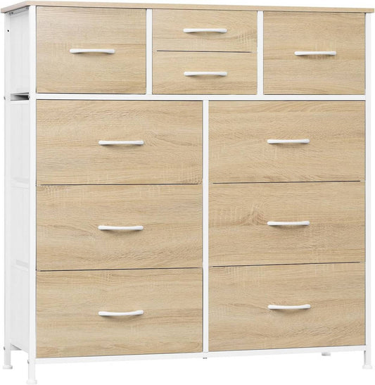 24goodz Vintage Drawer Cabinet with 10 Fabric Drawers - Sturdy Metal Frame - E1 Wood Material - For Home Organization - Light Oak + White
