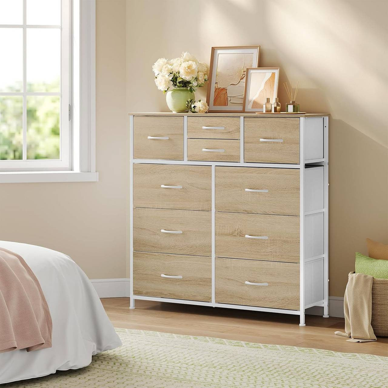 24goodz Vintage Drawer Cabinet with 10 Fabric Drawers - Sturdy Metal Frame - E1 Wood Material - For Home Organization - Light Oak + White