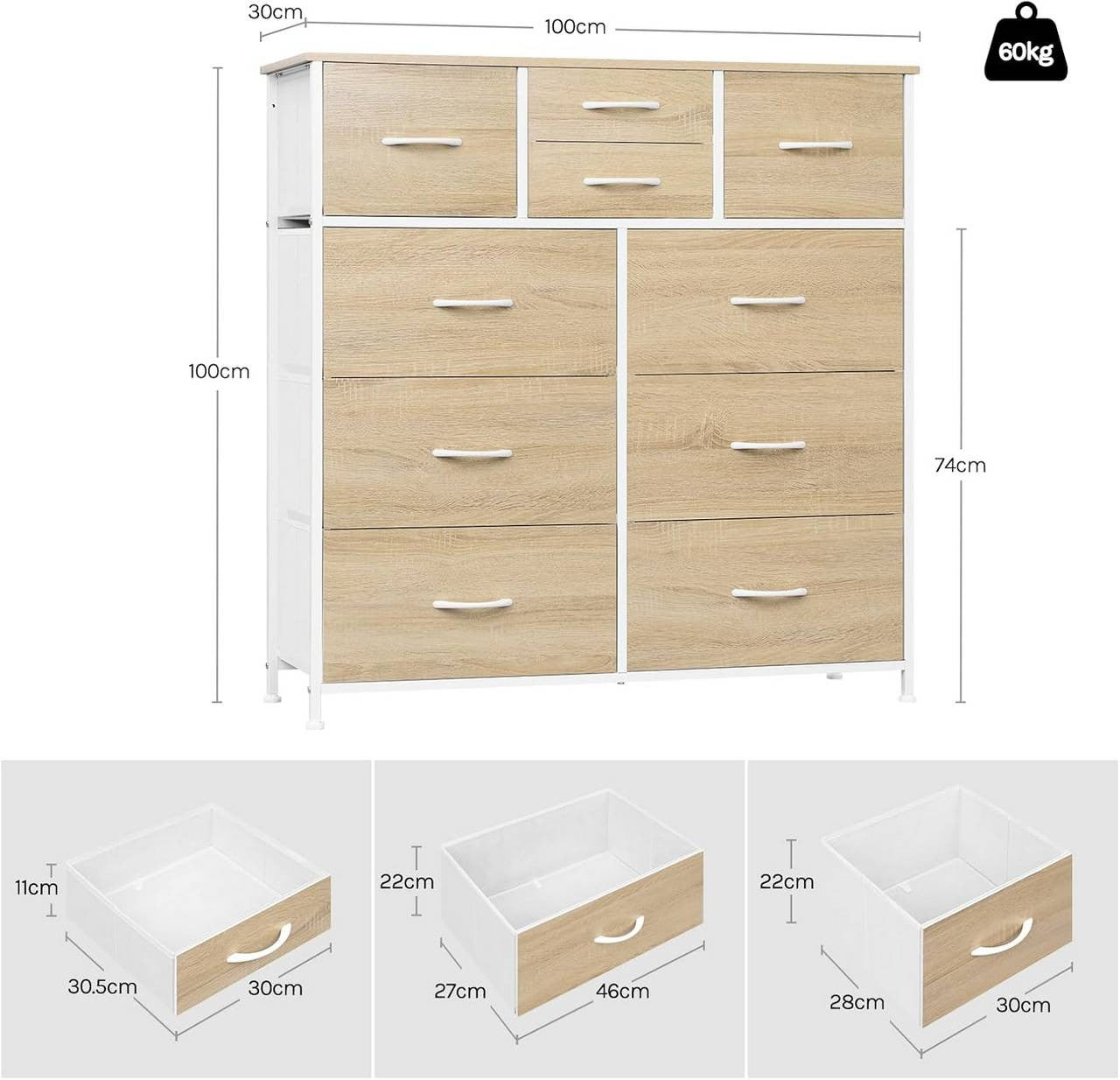 24goodz Vintage Drawer Cabinet with 10 Fabric Drawers - Sturdy Metal Frame - E1 Wood Material - For Home Organization - Light Oak + White