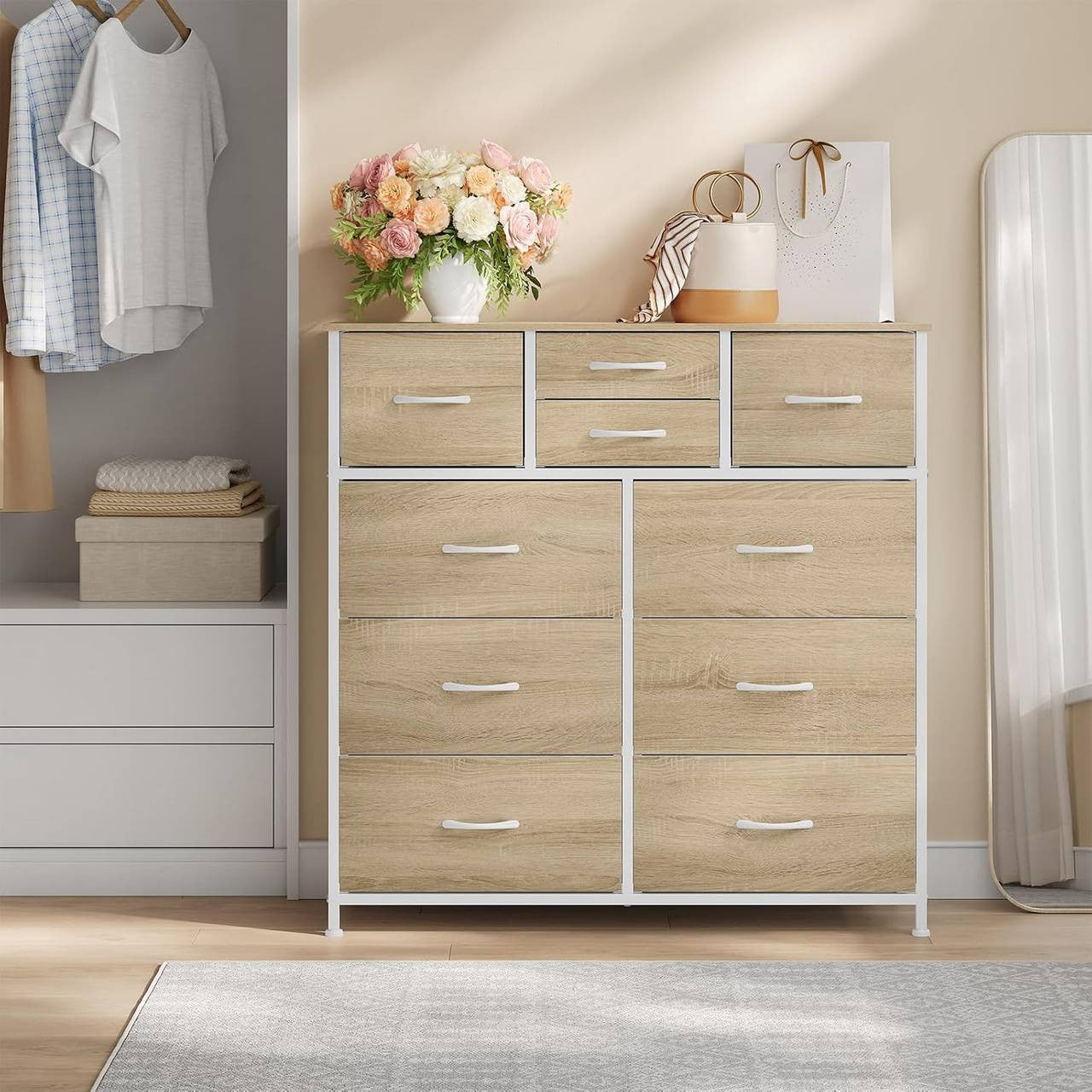 24goodz Vintage Drawer Cabinet with 10 Fabric Drawers - Sturdy Metal Frame - E1 Wood Material - For Home Organization - Light Oak + White