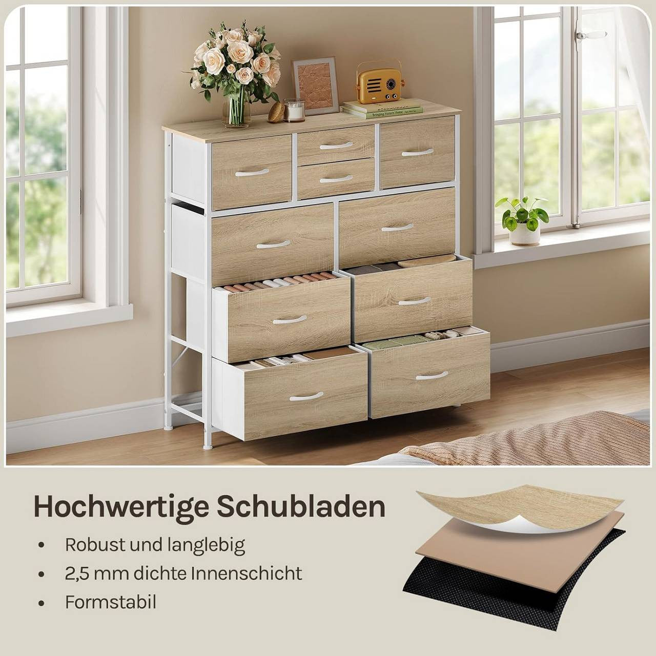 24goodz Vintage Drawer Cabinet with 10 Fabric Drawers - Sturdy Metal Frame - E1 Wood Material - For Home Organization - Light Oak + White