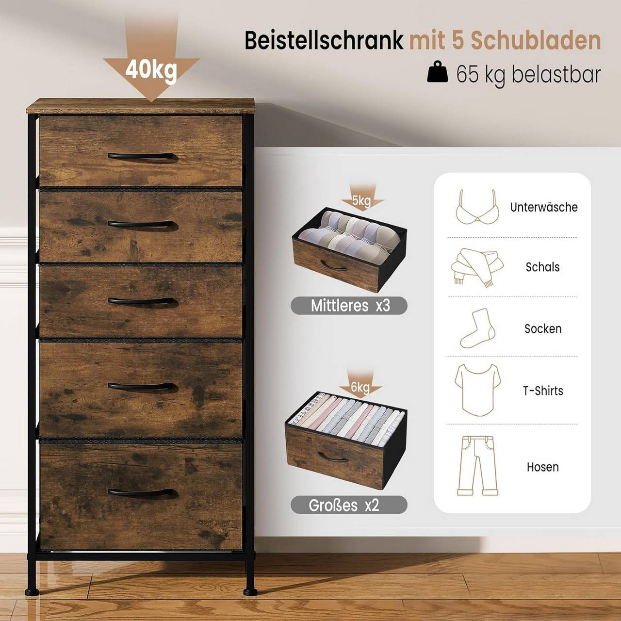 24goodz Vintage 5-Drawer Dresser - Stylish Storage Solution - Durable MDF and Metal Frame - For Every Room - 45.5 x 95.5 x 30 cm