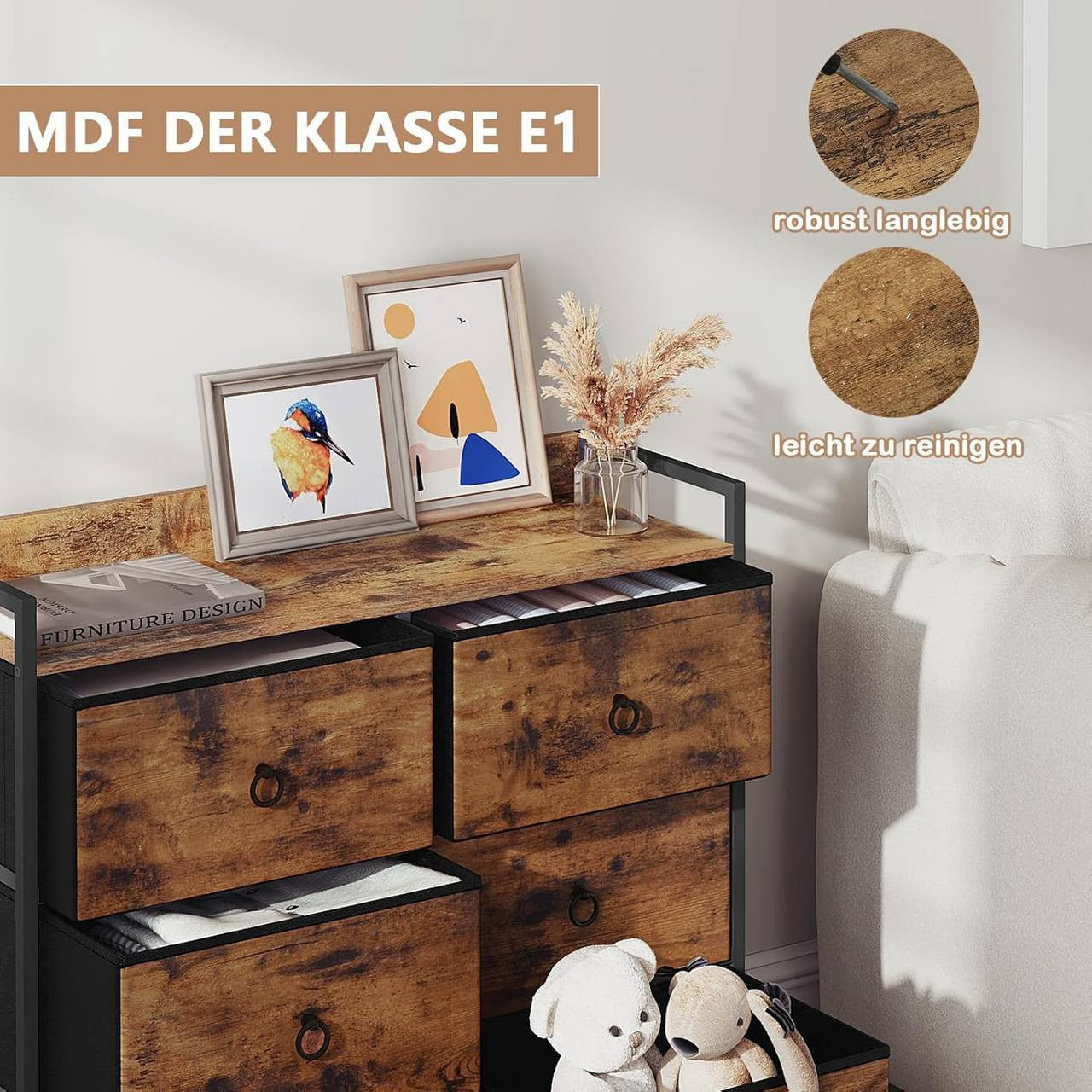 24goodz Vintage Brown Drawer Cabinet with 6 Fabric Drawers - Stylish Storage Solution - Metal Frame - For All Rooms - 80 x 78 x 29 cm