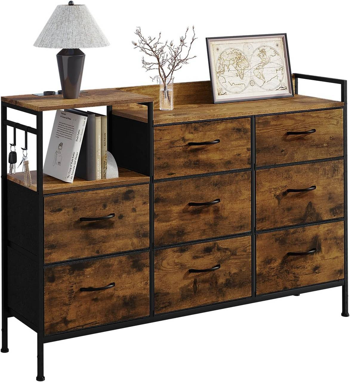 24goodz Vintage Drawer Cabinet with 8 Drawers - Versatile Storage Solutions - Durable E1 Wood and Metal - For Living Room or Bedroom - Vintage Wood Look + Black