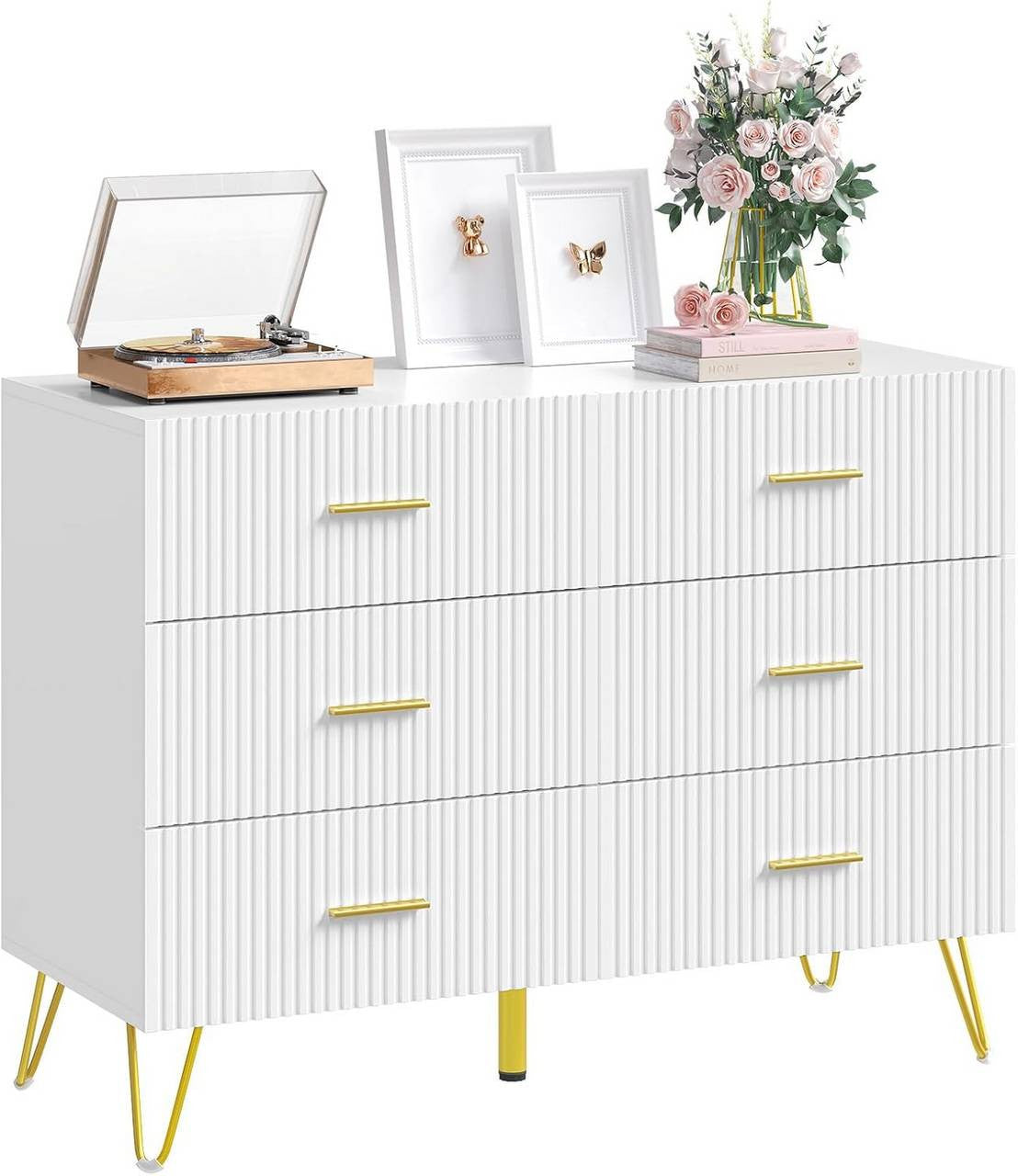 24goodz Elegant 6-Drawer Chest - Ample Storage Space - Sturdy and Durable - E1 Wood with Melamine - White + Gold - 100x75x40 cm