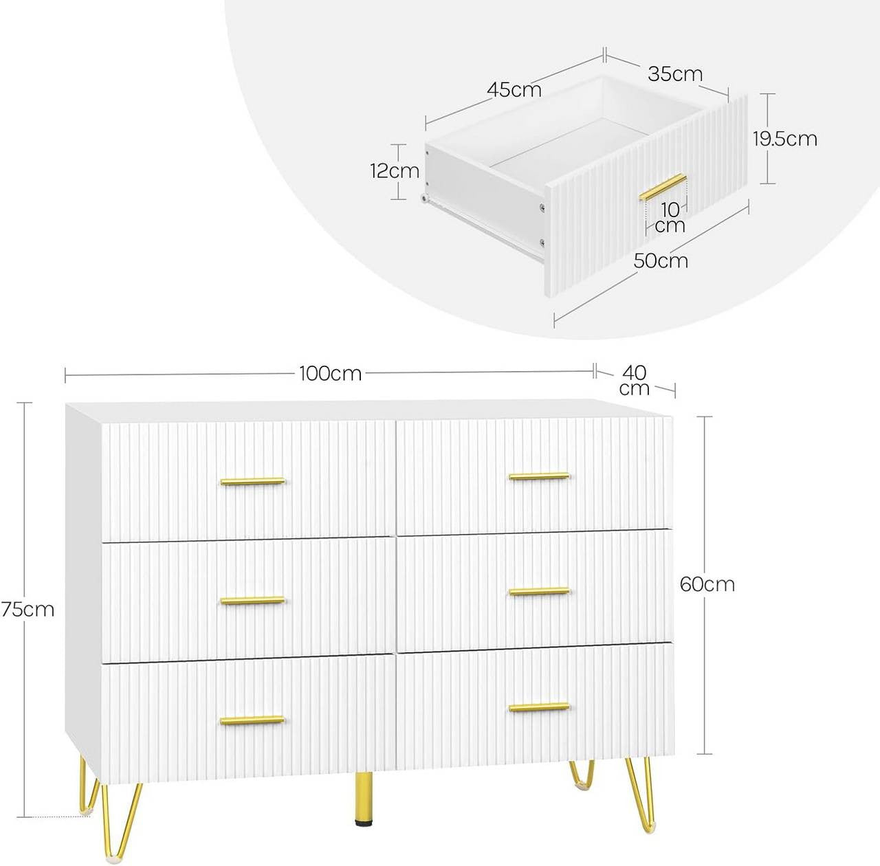 24goodz Elegant 6-Drawer Chest - Ample Storage Space - Sturdy and Durable - E1 Wood with Melamine - White + Gold - 100x75x40 cm