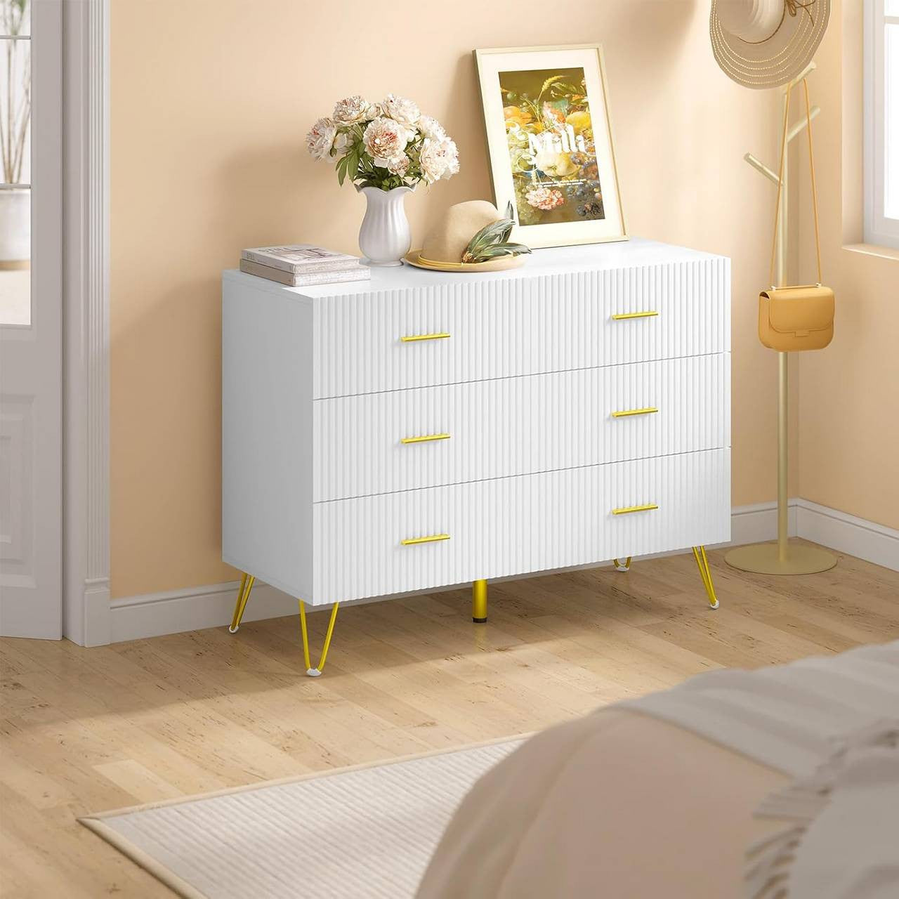 24goodz Elegant 6-Drawer Chest - Ample Storage Space - Sturdy and Durable - E1 Wood with Melamine - White + Gold - 100x75x40 cm