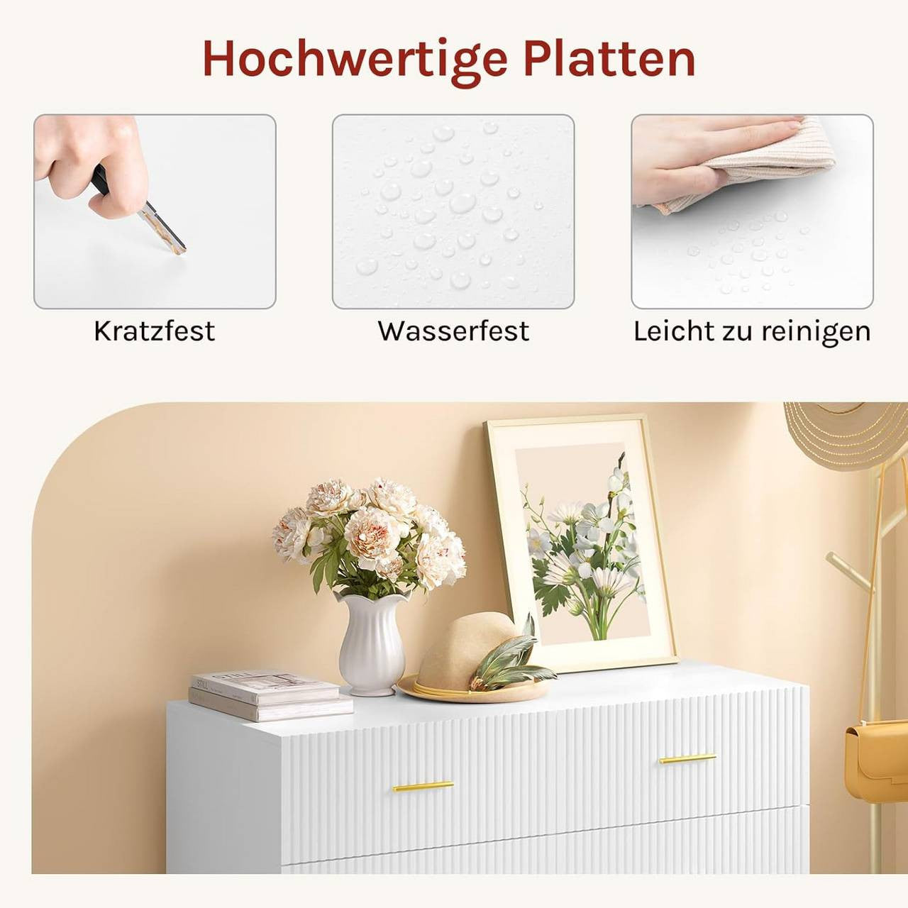 24goodz Elegant 6-Drawer Chest - Ample Storage Space - Sturdy and Durable - E1 Wood with Melamine - White + Gold - 100x75x40 cm