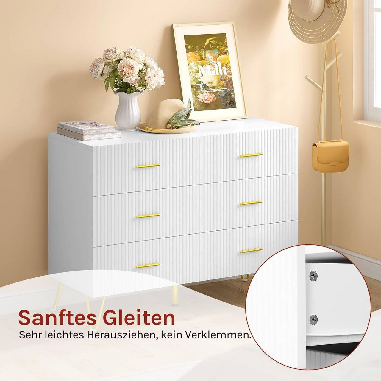 24goodz Elegant 6-Drawer Chest - Ample Storage Space - Sturdy and Durable - E1 Wood with Melamine - White + Gold - 100x75x40 cm