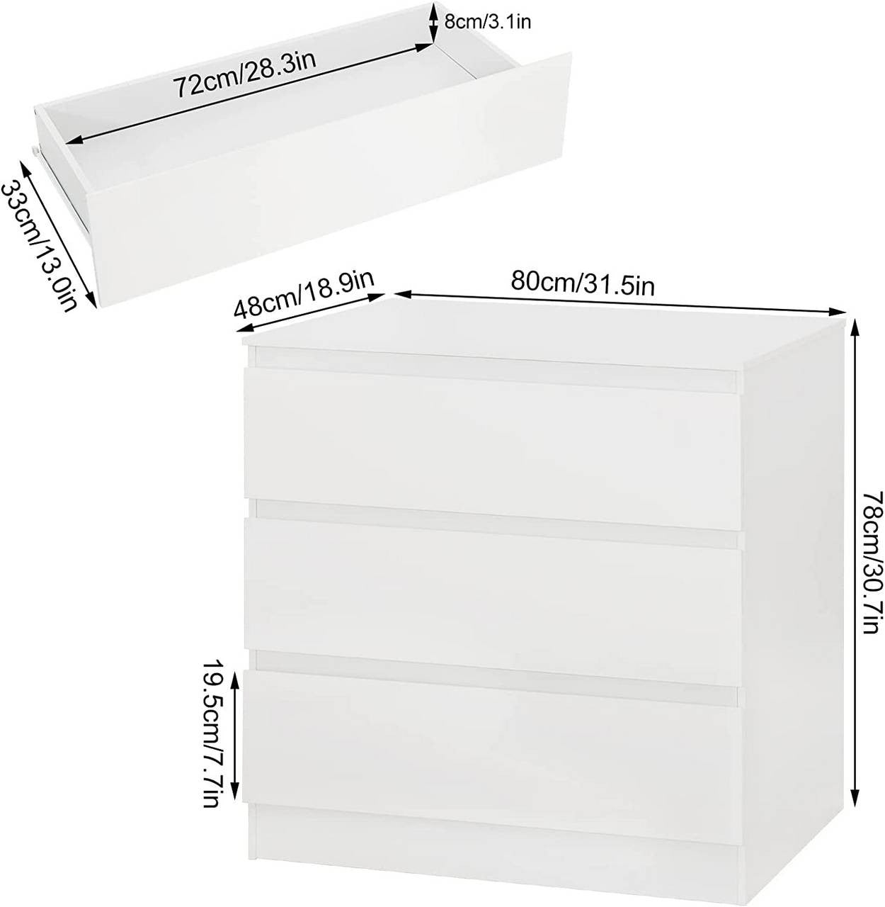 24goodz Chest of 3 Drawers - Spacious Storage Solution - Easy to Clean - Engineered Wood - For Every Home - High Gloss White, 80x78x48cm