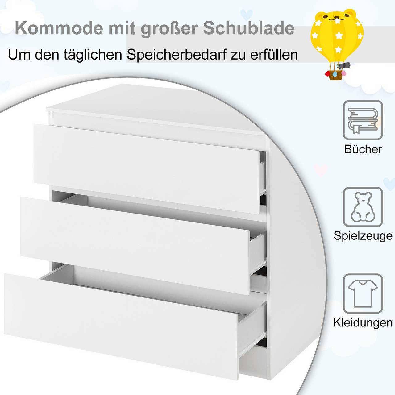 24goodz Chest of 3 Drawers - Spacious Storage Solution - Easy to Clean - Engineered Wood - For Every Home - High Gloss White, 80x78x48cm