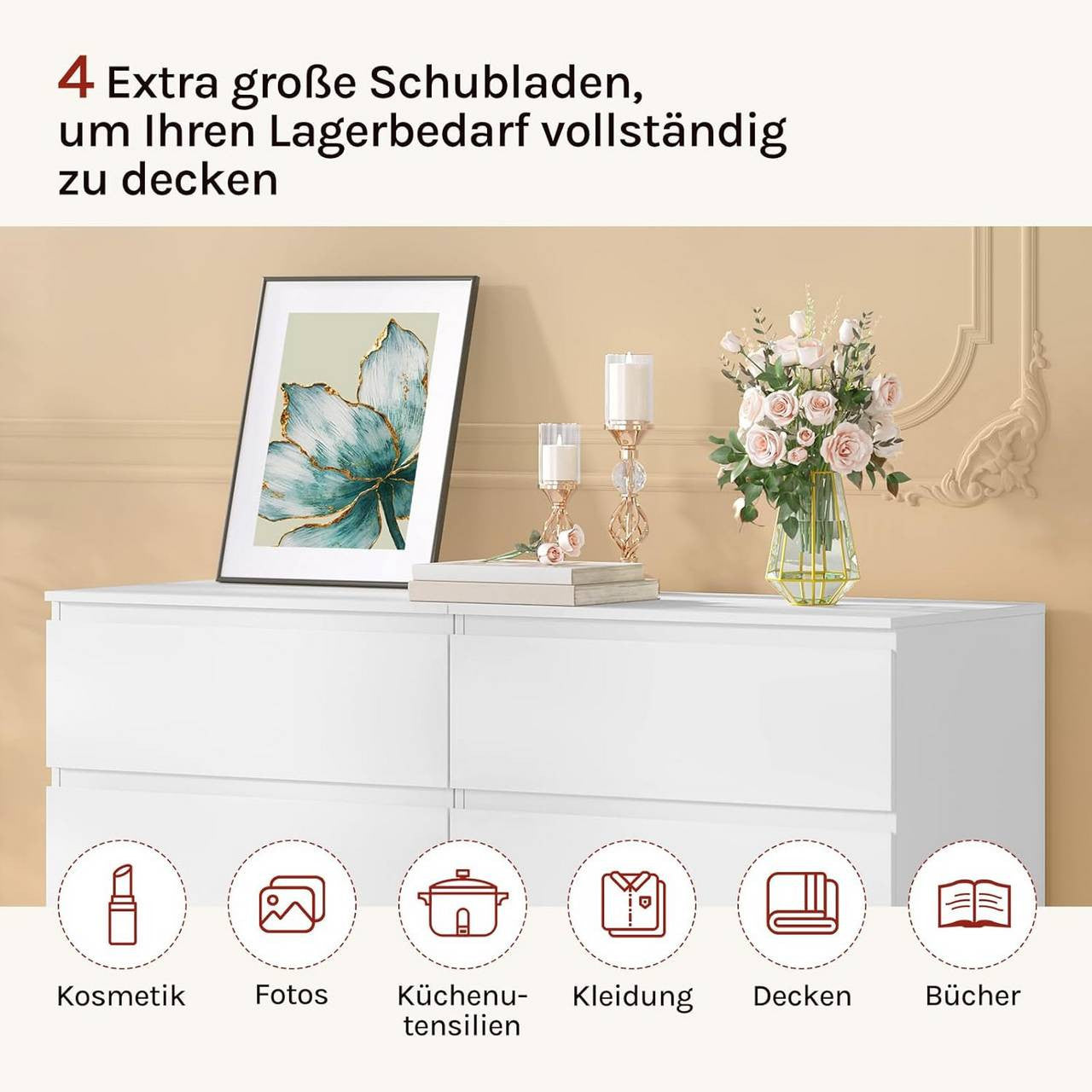 24goodz 4-Drawer Chest - Ample Storage Space - Modern Design - E1 Wood - For Bedroom and Living Room - White